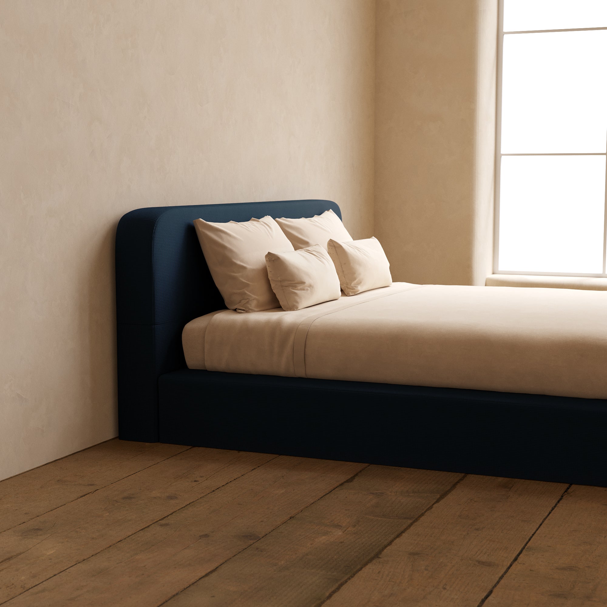 King Upholstered Platform Bed with Headboard - Mizu Weave Sumi Design Queen Size Bed Frame for Modern Bedroom | Sturdy Wooden Slat Support, Easy Assembly, Perfect for Master Bedroom or Guest Room