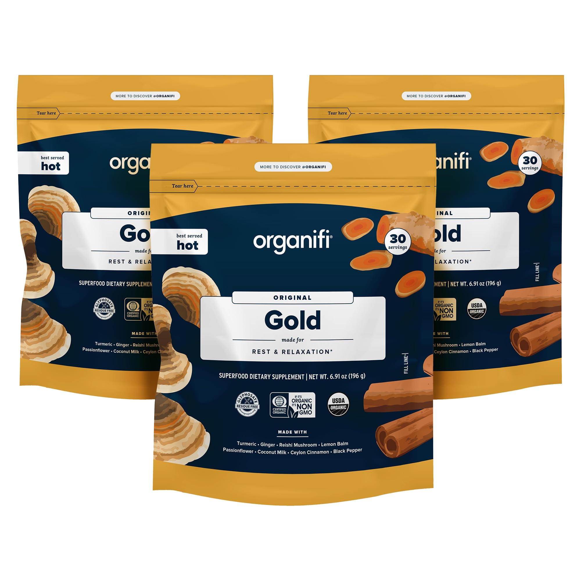 Organifi Gold Superfood Supplement Powder - 90 Servings (3 Pack) - Stress Relief, Better Sleep & Relaxation with Turmeric & Reishi Mushroom - Vegan, Gluten-Free Wellness Drink for Nighttime, Travel & Daily Stress Management
