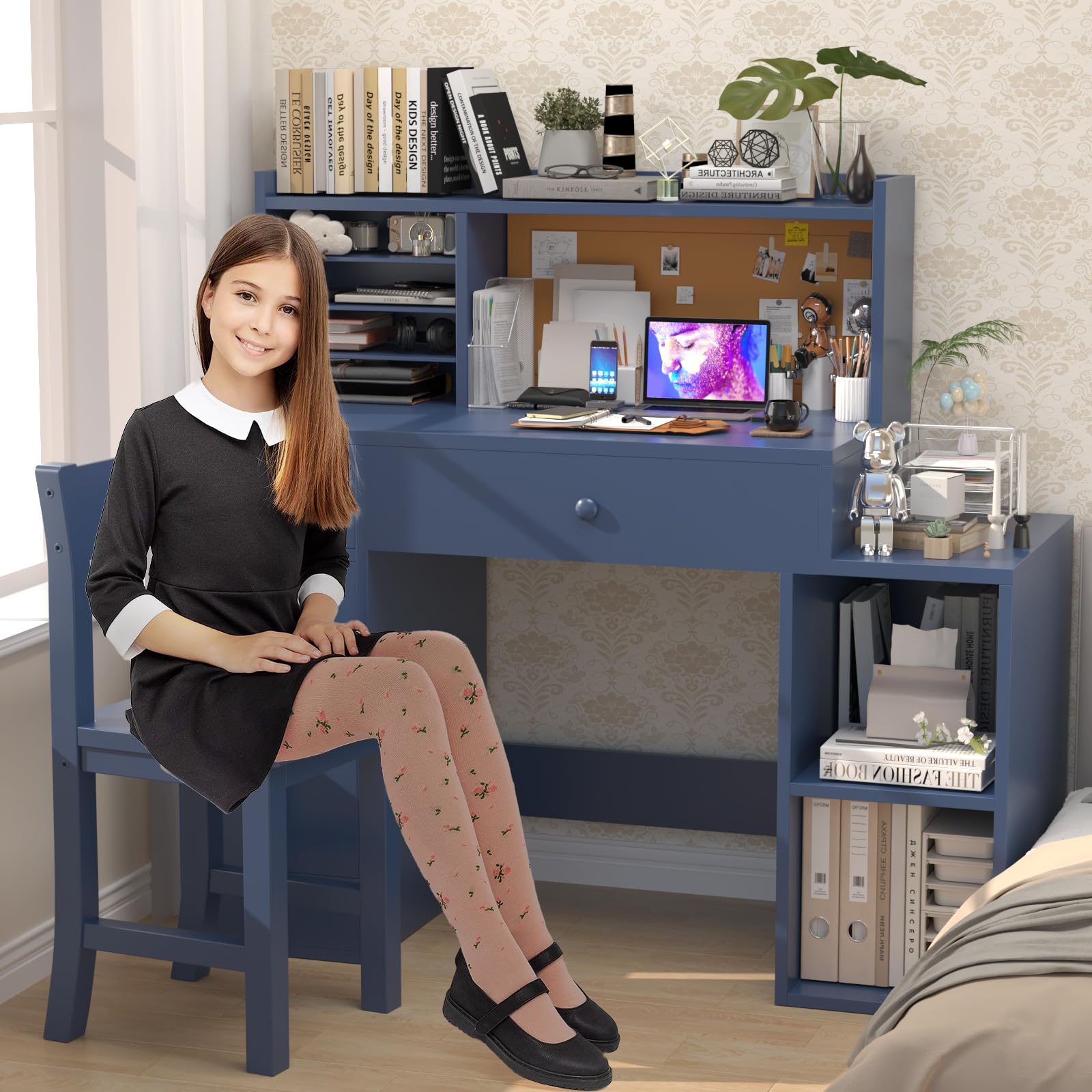 Blue Kids Study Desk and Chair Set for Ages 5-12 - Adjustable Children's Computer Desk with Bulletin Board, Storage Drawers & Cabinets - Perfect for Homework, Online Learning & Craft Activities (40 Inch)