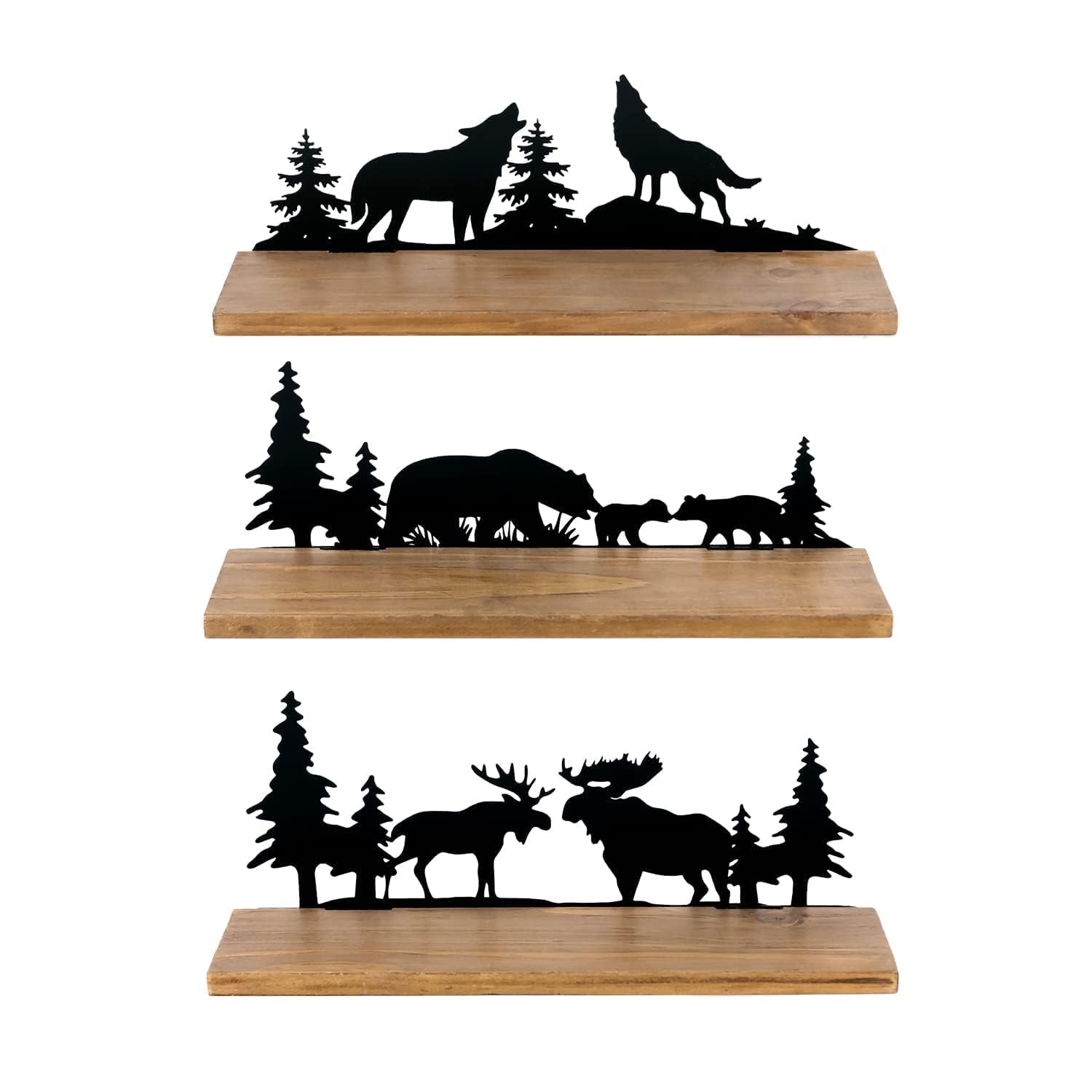 SOFFEE DESIGN Set of 3 Forest Themed Floating Shelves - Wooden Wall Decor with Metal Bear, Wolf & Deer Pine Pattern (Black Finish) - Perfect for Living Room, Bedroom or Nursery Decoration