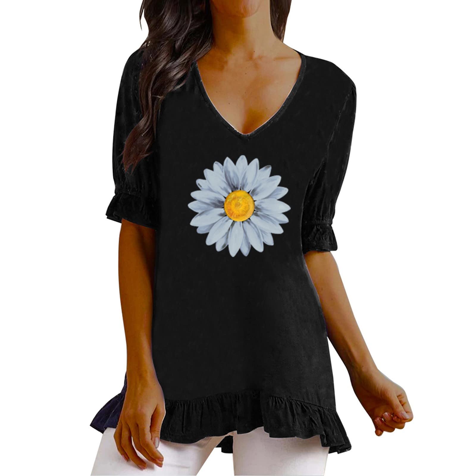 Women's Summer Floral Printed V-Neck Ruffle Short Sleeve Linen Top - Casual Junior Tee Shirt for Beach, Vacation & Everyday Wear