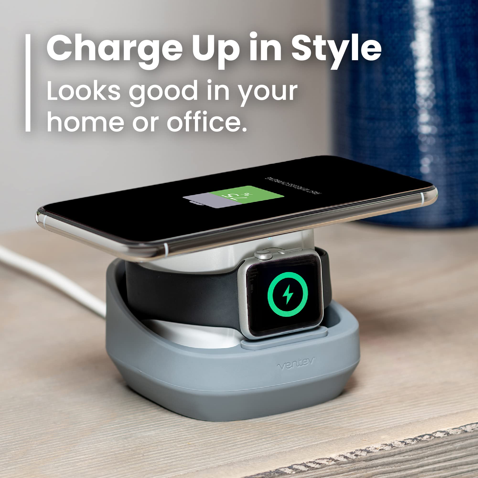 Ventev 2-in-1 Qi Certified Wireless Charging Station for iPhone 16/16 Pro/16 Pro Max/15/15 Pro/15 Pro Max/14/13/12 & Apple Watch | Fast Wireless Charger for Samsung Galaxy S23/S22/S21/Note 20 - White | Perfect for Bedside, Office & Travel Charging