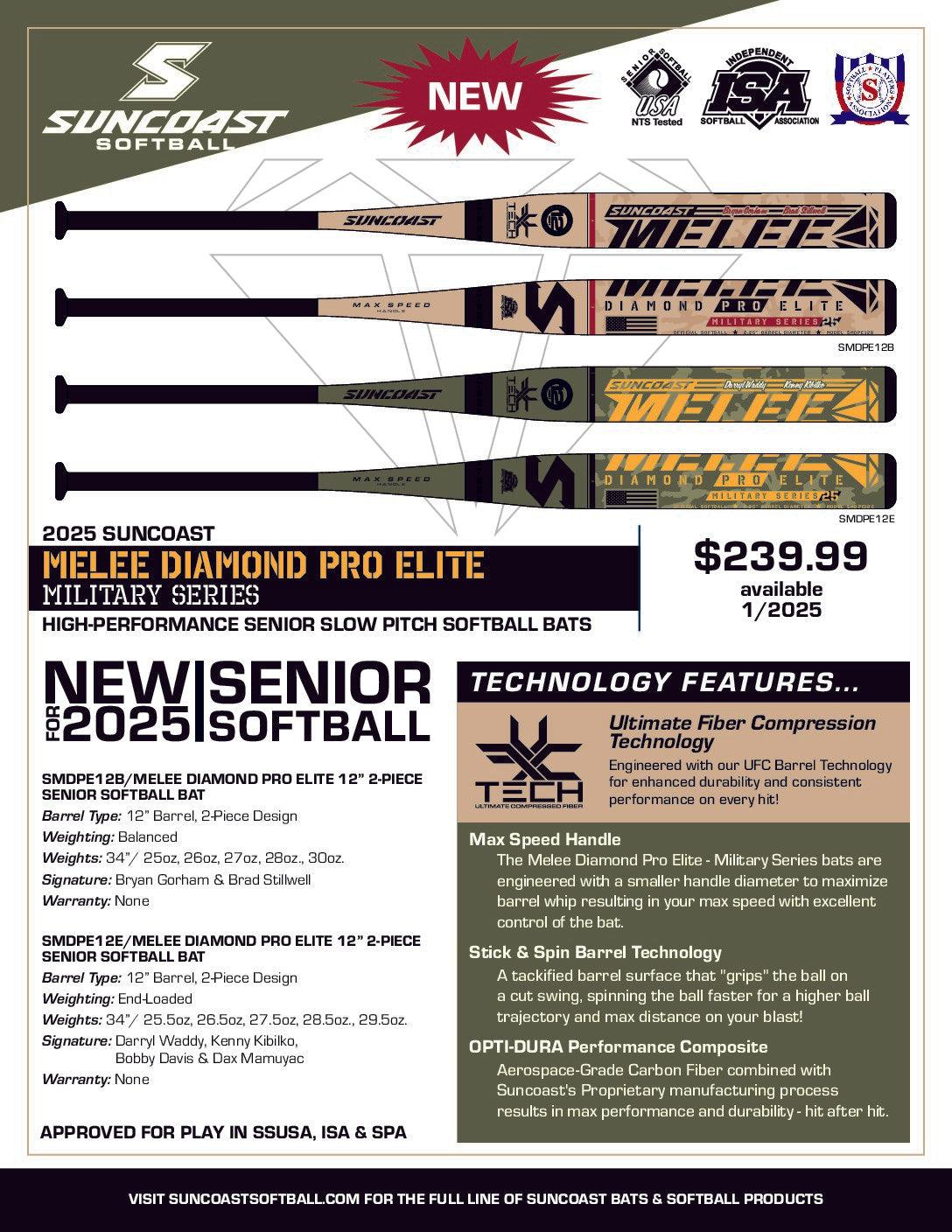 Suncoast Melee Diamond Pro Elite 12 2-Piece Endload Slowpitch Softball Bat - Military Series SSUSA Approved Senior League Bat for Competitive Play & Tournament Use
