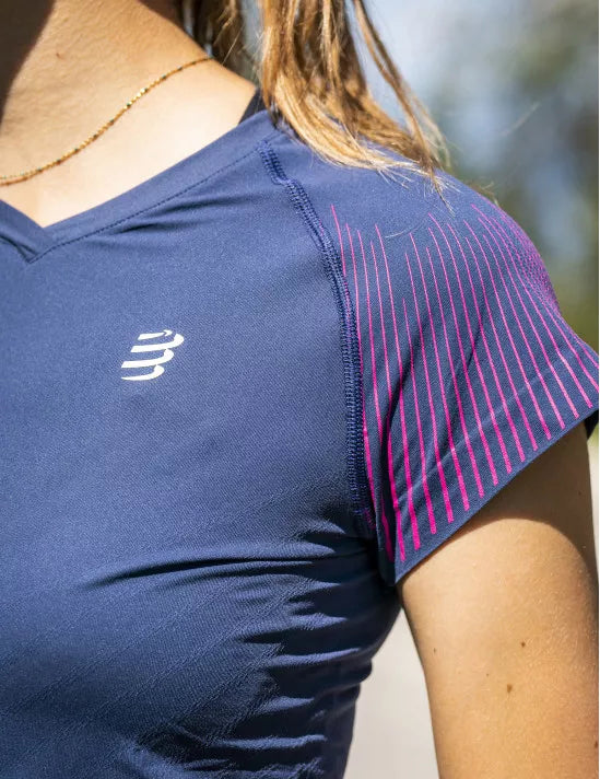 Compressport Women's Performance Short Sleeve Running Shirt - Moisture Wicking, Breathable Activewear Top in Mood Indigo/Magenta for Gym, Yoga & Outdoor Sports