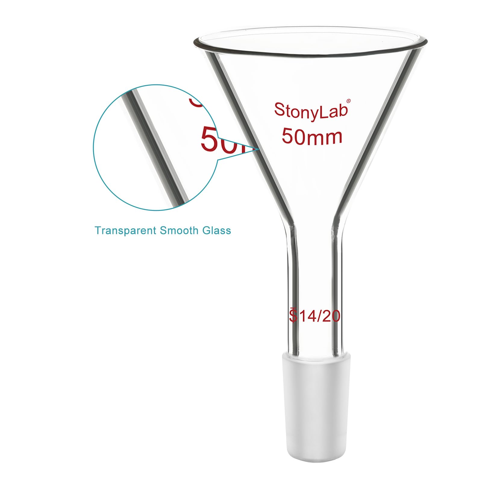 Stonylab Borosilicate Glass Powder Funnel - 50mm Diameter, 14/20 Joint Size with Short Neck - Ideal for Chemistry Labs, Scientific Experiments & DIY Projects