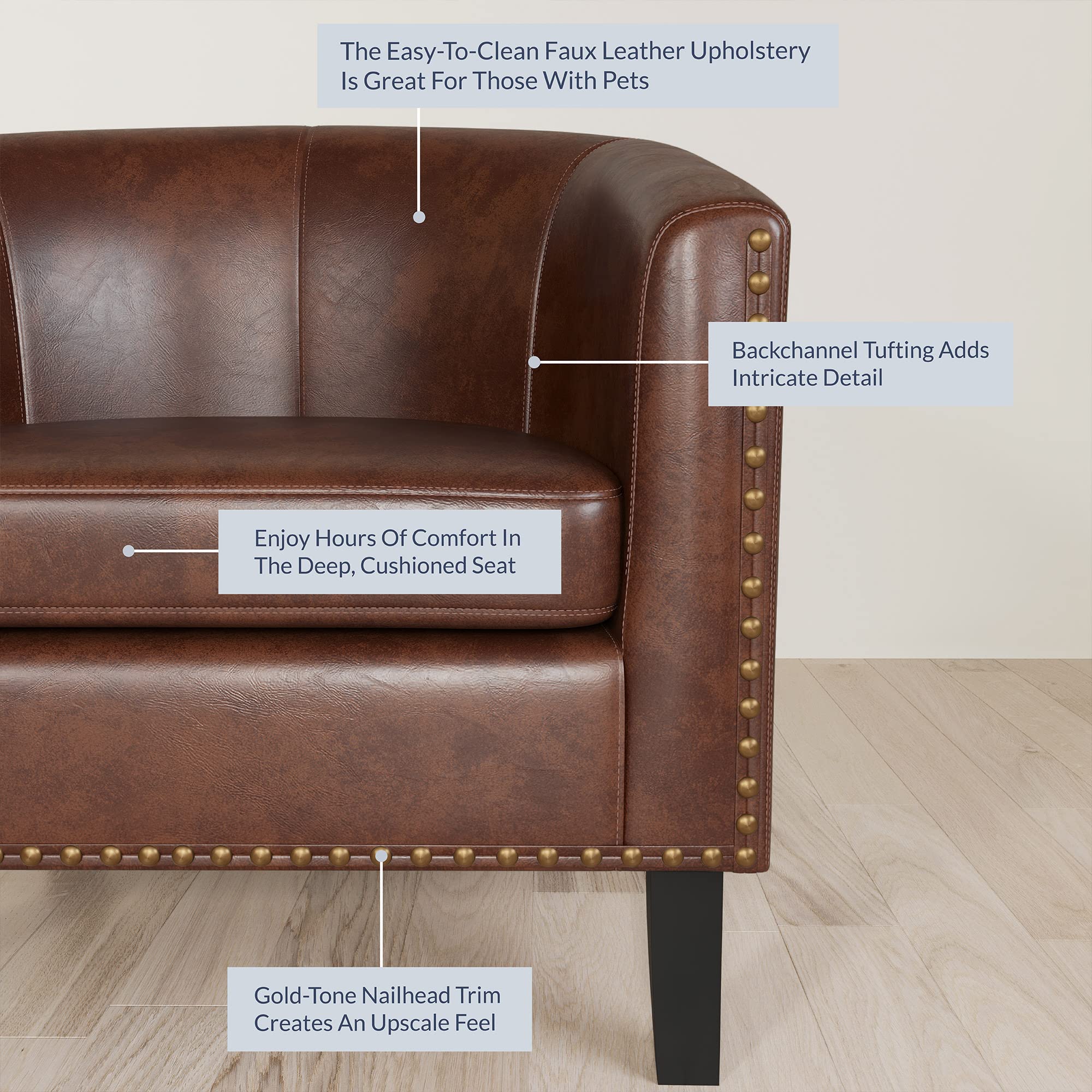 BELLEZE Modern Accent Barrel Chairs Set of 2 - Faux Leather Upholstered Tub Club Chairs with Gold Nail Head Trim & Black Legs for Living Room, Lounge, Bedroom - Kyara Brown (Perfect for Reading Nook, Coffee Corner or Cozy Conversation Area)