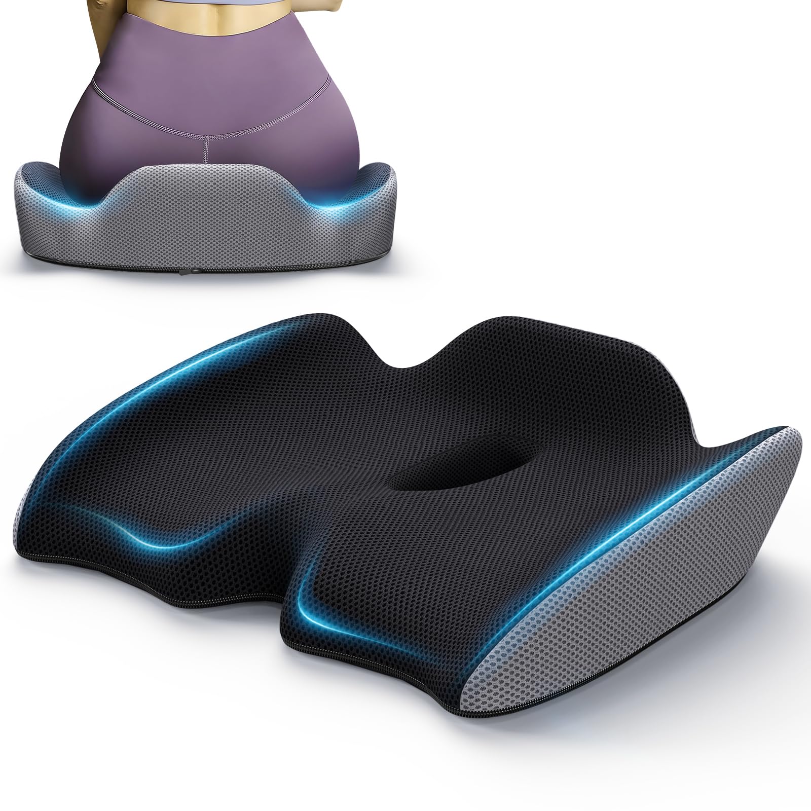 Benazcap Memory Foam Seat Cushion for Office Chair - Large Pressure Relief Cushion for Tailbone, Coccyx & Sciatica Pain Relief - Ergonomic Support for Back & Butt Pain - Perfect for Office Workers, Long Sitting & Driving