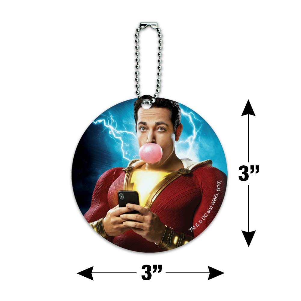 Shazam! Movie Themed Bubblegum Round Luggage ID Tag - Durable Suitcase Handle Tag for Carry-On Bags - Perfect for Travel, Cosplay & Superhero Fans