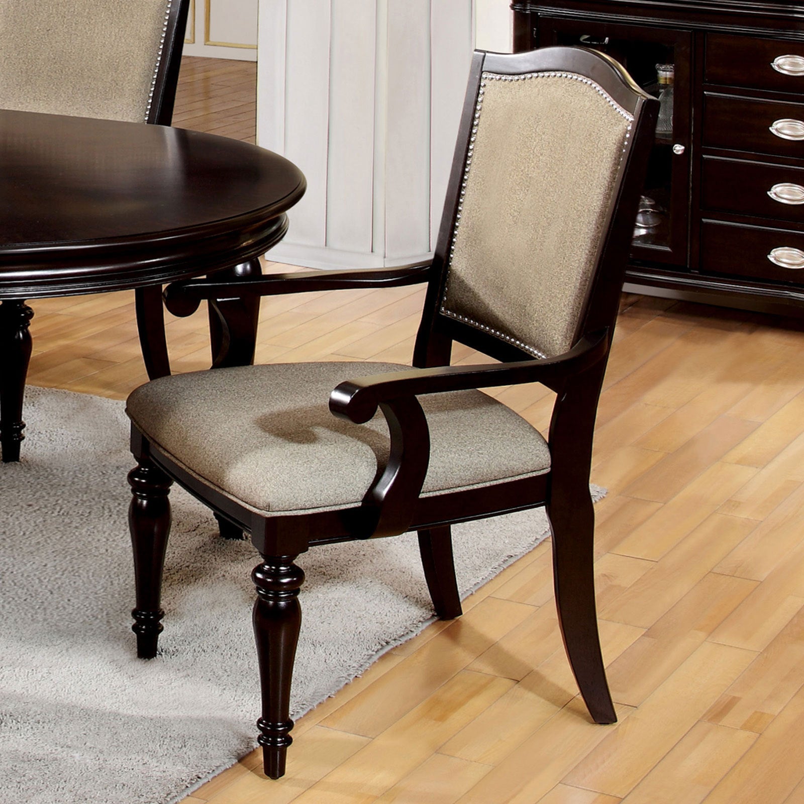 Set of 2 Dark Walnut Solid Wood Arm Chairs with Leatherette Upholstered Seats & Turned Legs - Classic Contemporary Dining Room Furniture for Kitchen, Living Room & Office