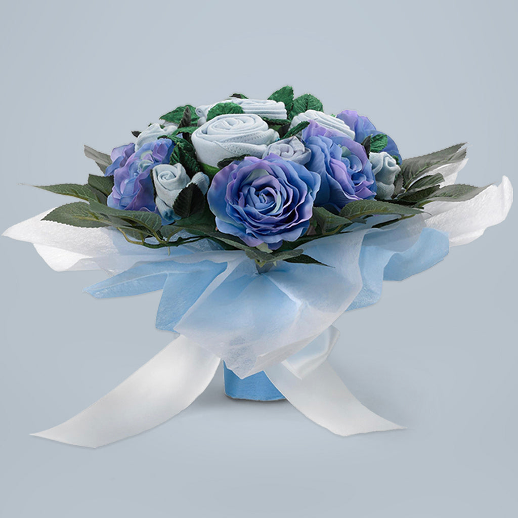 Luxury Rose Baby Clothes Bouquet & Personalized Baby Towel Set - Blue | Newborn Gift, Baby Shower Present, Christening Outfit, Photo Prop