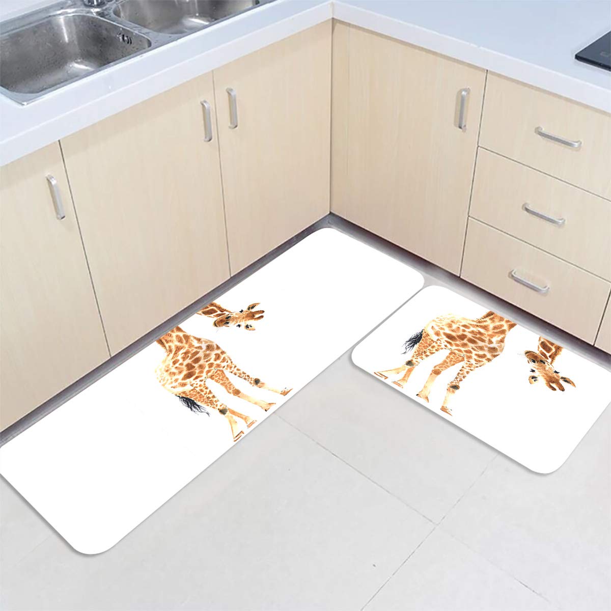 ZOE GARDEN 2-Piece Non-Slip Kitchen Rug Set with Funny Giraffe Print - Absorbent Floor Mats for Kitchen, Bathroom & Entryway - Minimalist White Animal Design Rugs for Home Decor