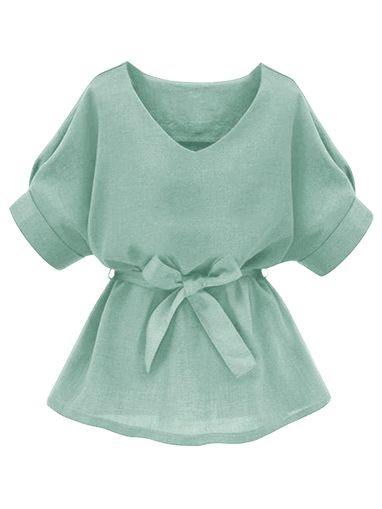 Milumia Women's Casual V-Neck Self-Tie Short Sleeve Blouse Tunic Top for Work & Office | Comfortable Summer Workwear & Business Casual Outfits