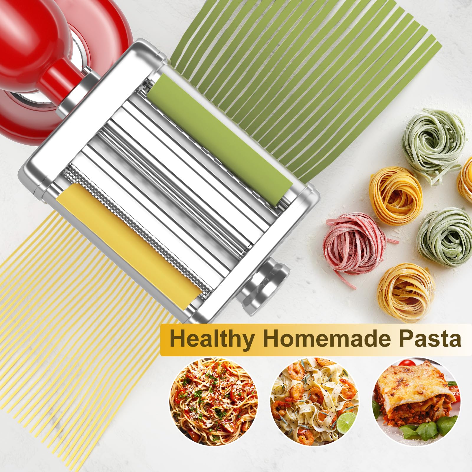 3-in-1 Pasta Maker Attachment for KitchenAid Stand Mixers - Includes Pasta Roller, Spaghetti & Fettuccine Cutters with Cleaning Brush - Perfect for Homemade Italian Pasta, Lasagna & Noodle Making