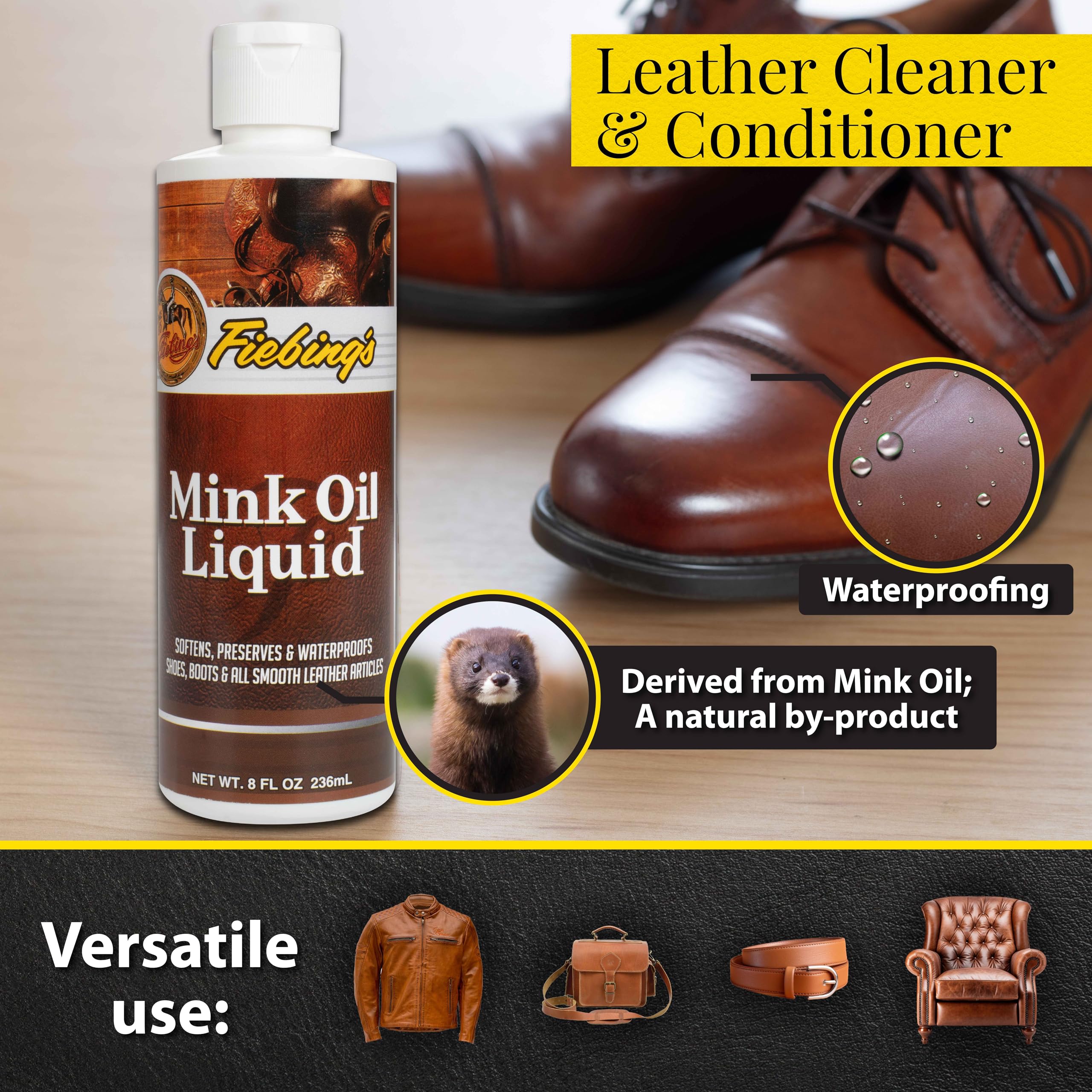 Fiebing's Liquid Mink Oil Leather Conditioner (8 fl oz) - Best Leather Cleaner & Waterproofer for Boots, Shoes, Purses & Furniture - Prevents Salt Stains & Cracks - Restores & Protects Smooth Leather, Vinyl & Leathercraft - Ideal for Winter Boot Care, Handbag Maintenance & Sofa Protection