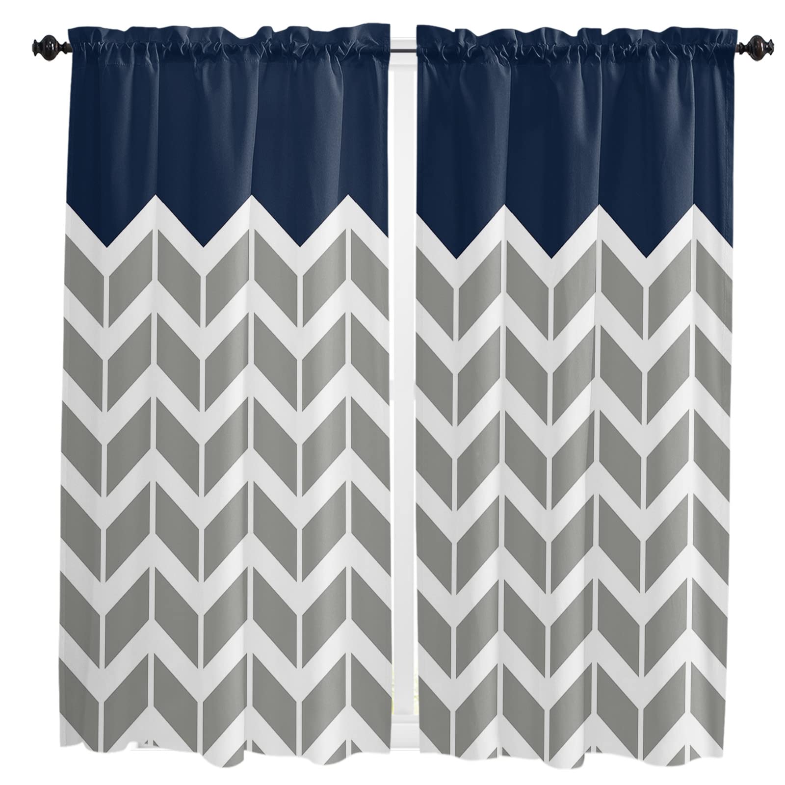 Navy Blue Geometric Chevron Herringbone Kitchen Curtains - 45 Inch Length, 2 Panel Set with Rod Pocket for Windows, Cafe & Tier Style - Perfect for Kitchen, Dining Room & Small Windows
