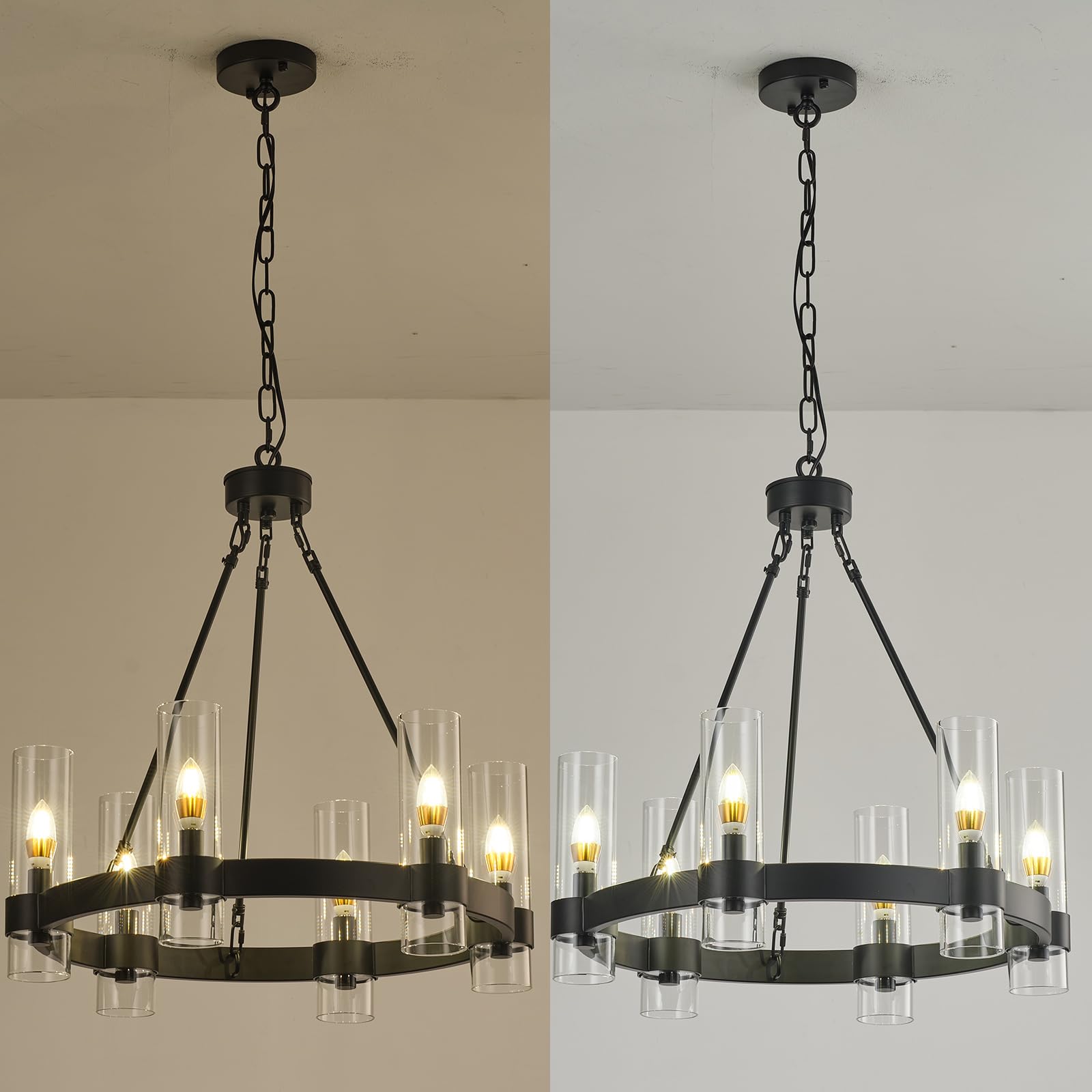 Black Wagon Wheel Chandelier - Modern 6-Light Large Round Farmhouse Chandelier with Glass Shade for Dining Room, Living Room, Bedroom & Entryway | Perfect for Rustic Home Decor & Country Style Interiors