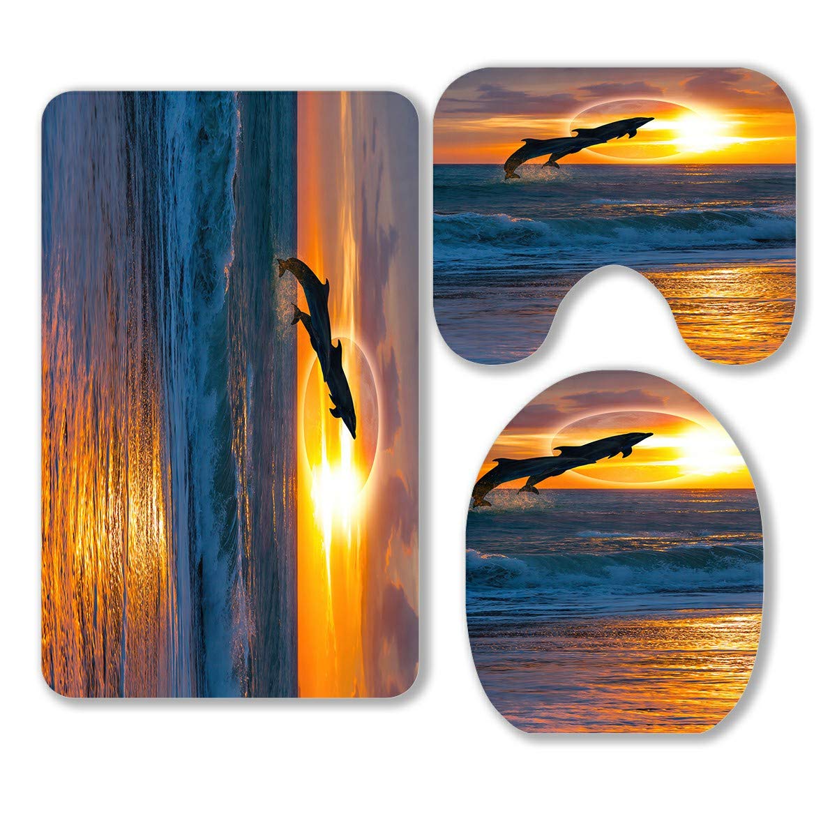 Solar Eclipse Dolphin Bathroom Rugs Set - 3 Piece Non-Slip Bath Mat, Contour Rug & Toilet Cover with Jumping Dolphins Design | Waterproof Bathroom Decor for Couples & Beach Theme Homes