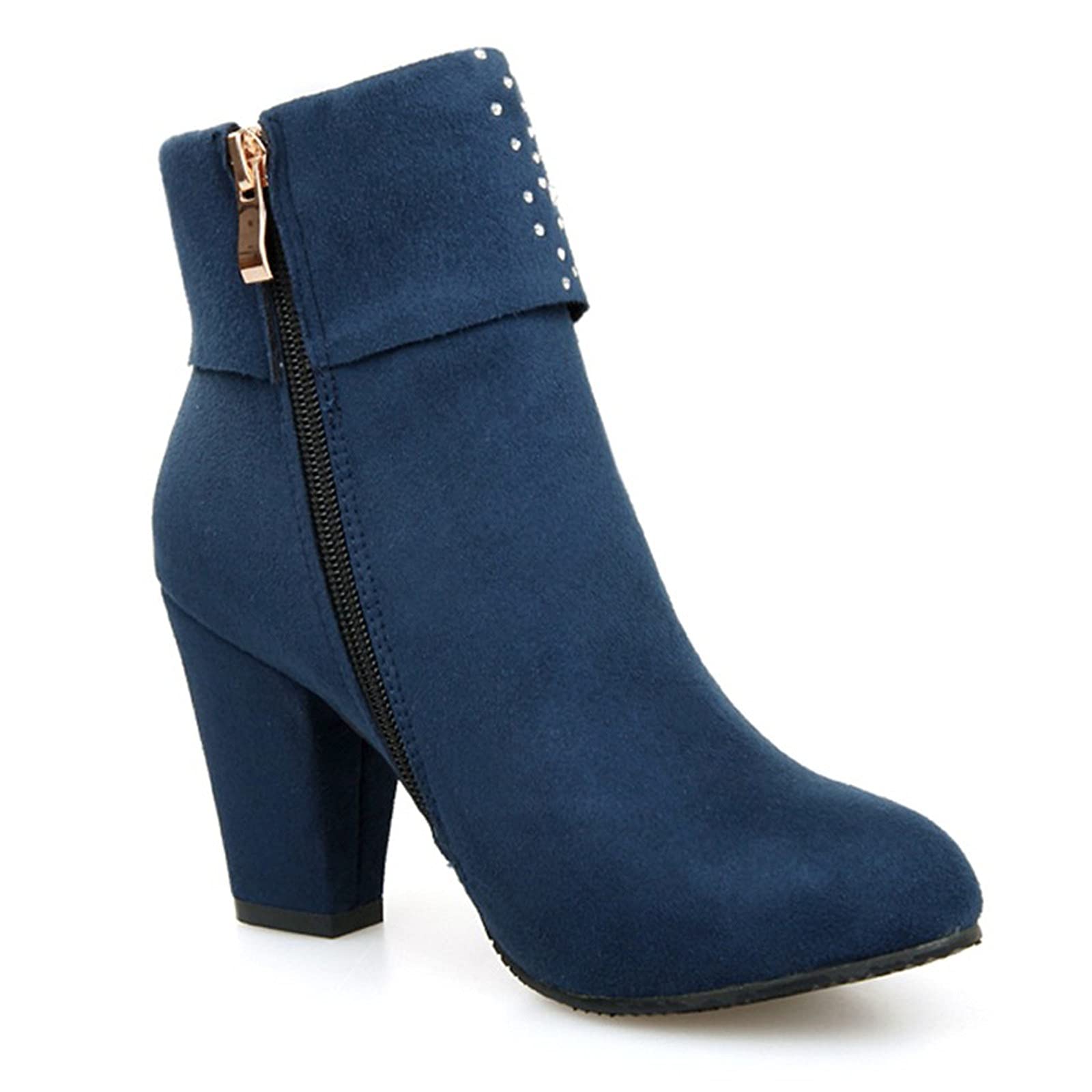 Women's High Heel Boots - Round Toe Rhinestone Zipper Ankle Boots, Comfortable Square Heel Pumps for Casual Wear, Warm Winter Shoes for Office, Party & Date Night