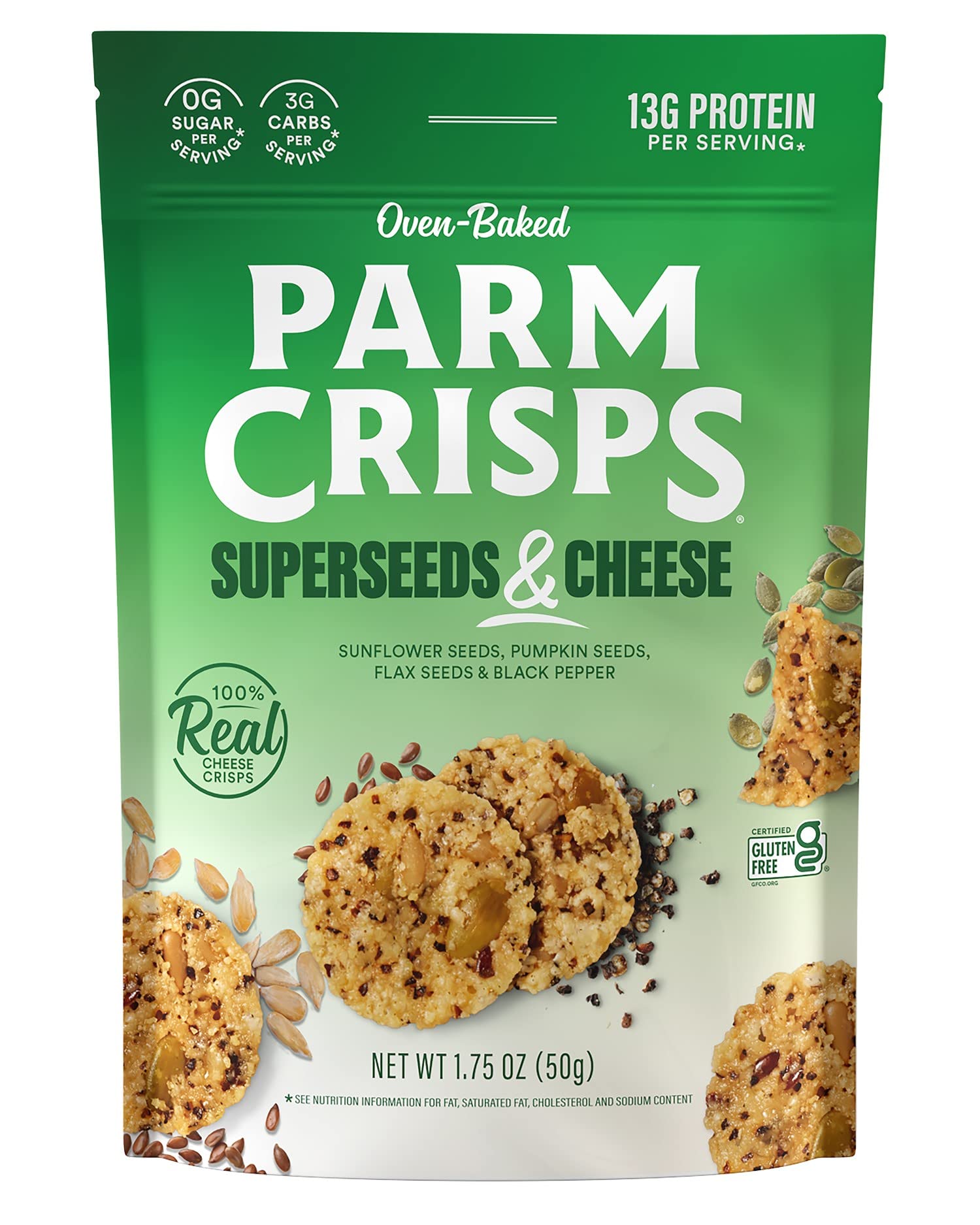 Parm Crisps Oven-Baked Superseeds & Cheese Snacks - Gluten Free Keto Friendly Low Carb Crunchy Snack - 1.75 oz (Pack of 12) - Perfect for Office Lunch, School Snacks & Road Trips
