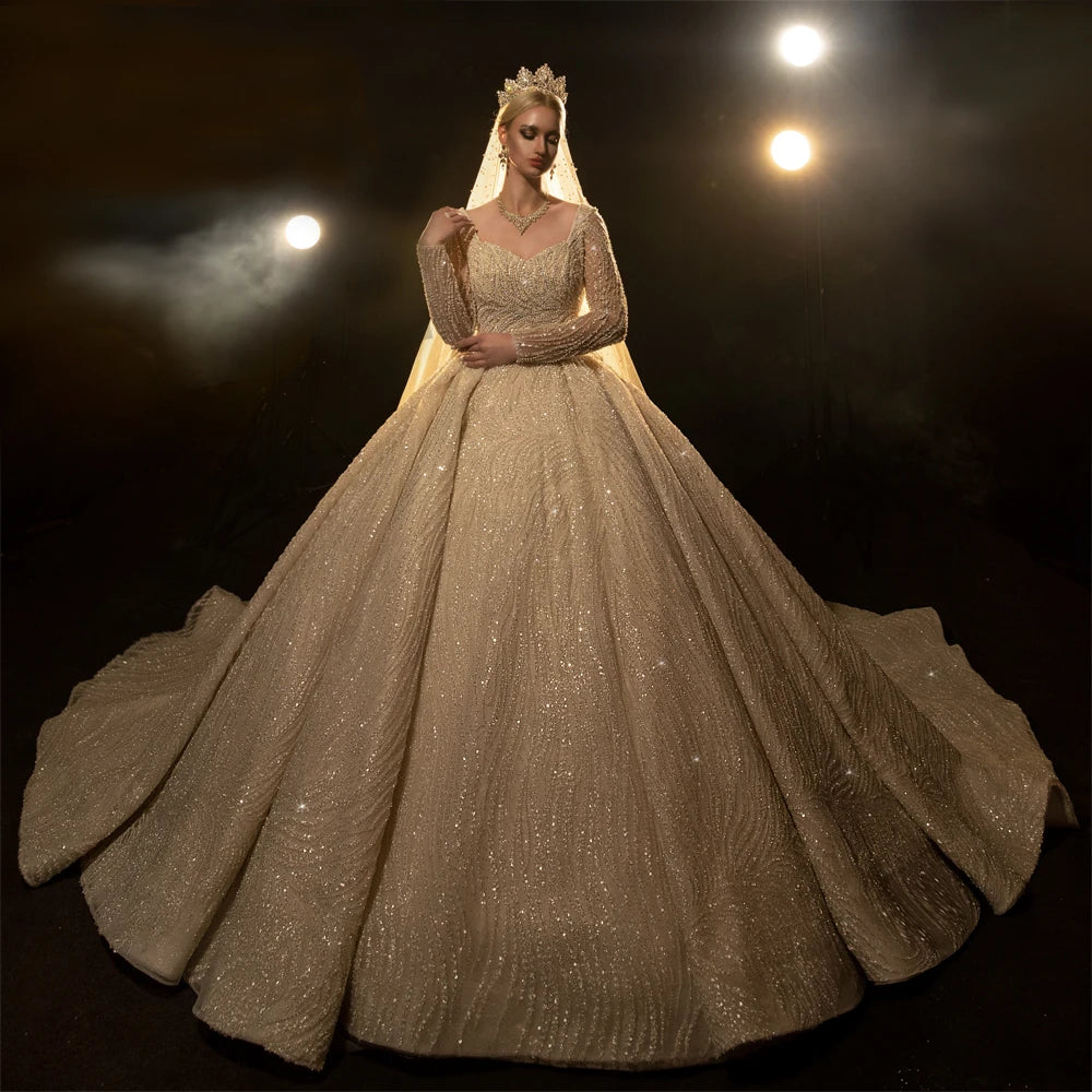 Elegant Square Collar Long Sleeve Wedding Dress - Luxury Bridal Gown for Church, Garden & Beach Weddings