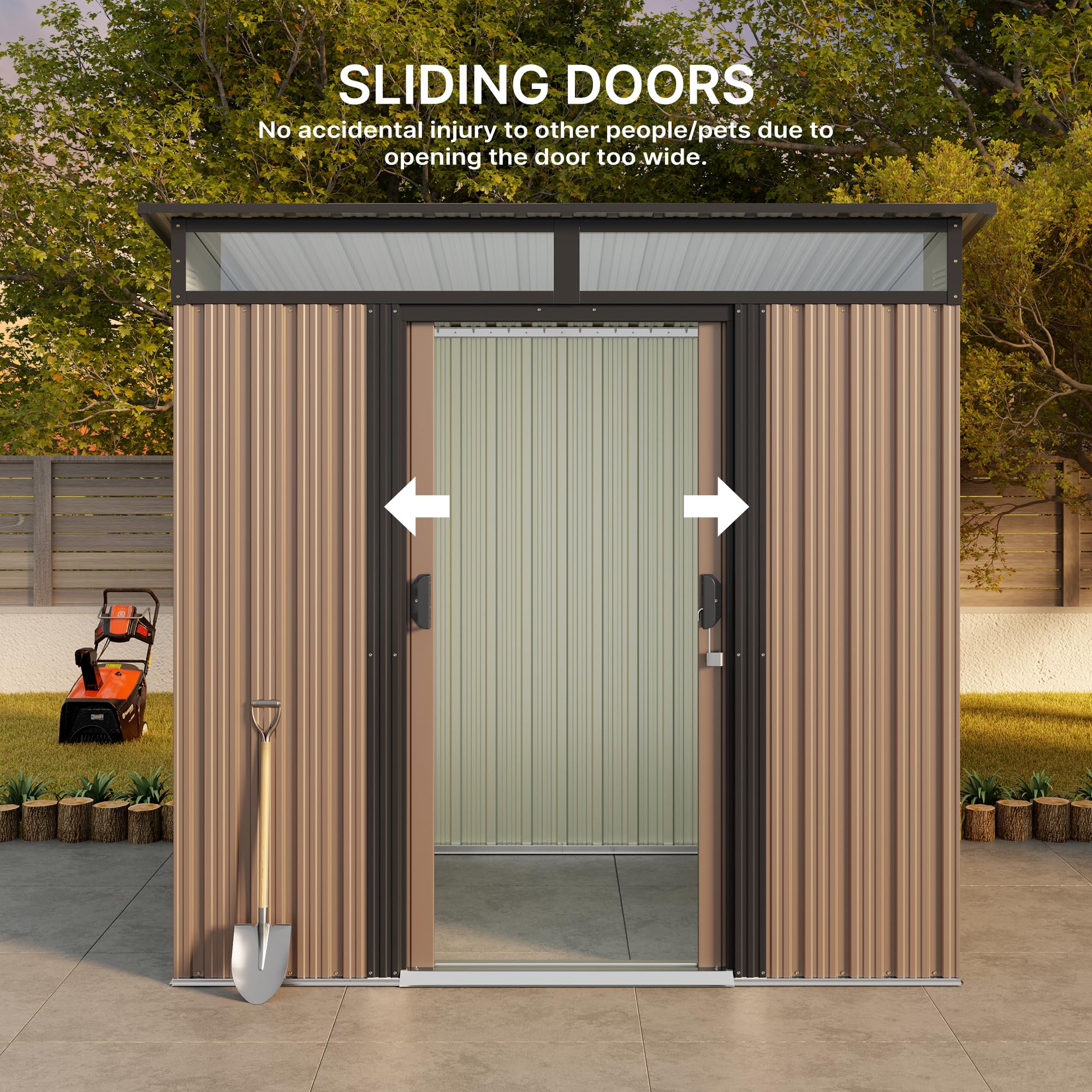 Gizoon 6'x4' Outdoor Metal Storage Shed with Sliding Lockable Doors & Transparent Panel Windows - Durable Garden Shed for Tools, Bikes & Backyard Storage - Perfect for Patio, Lawn & Outdoor Organization (Light Brown)