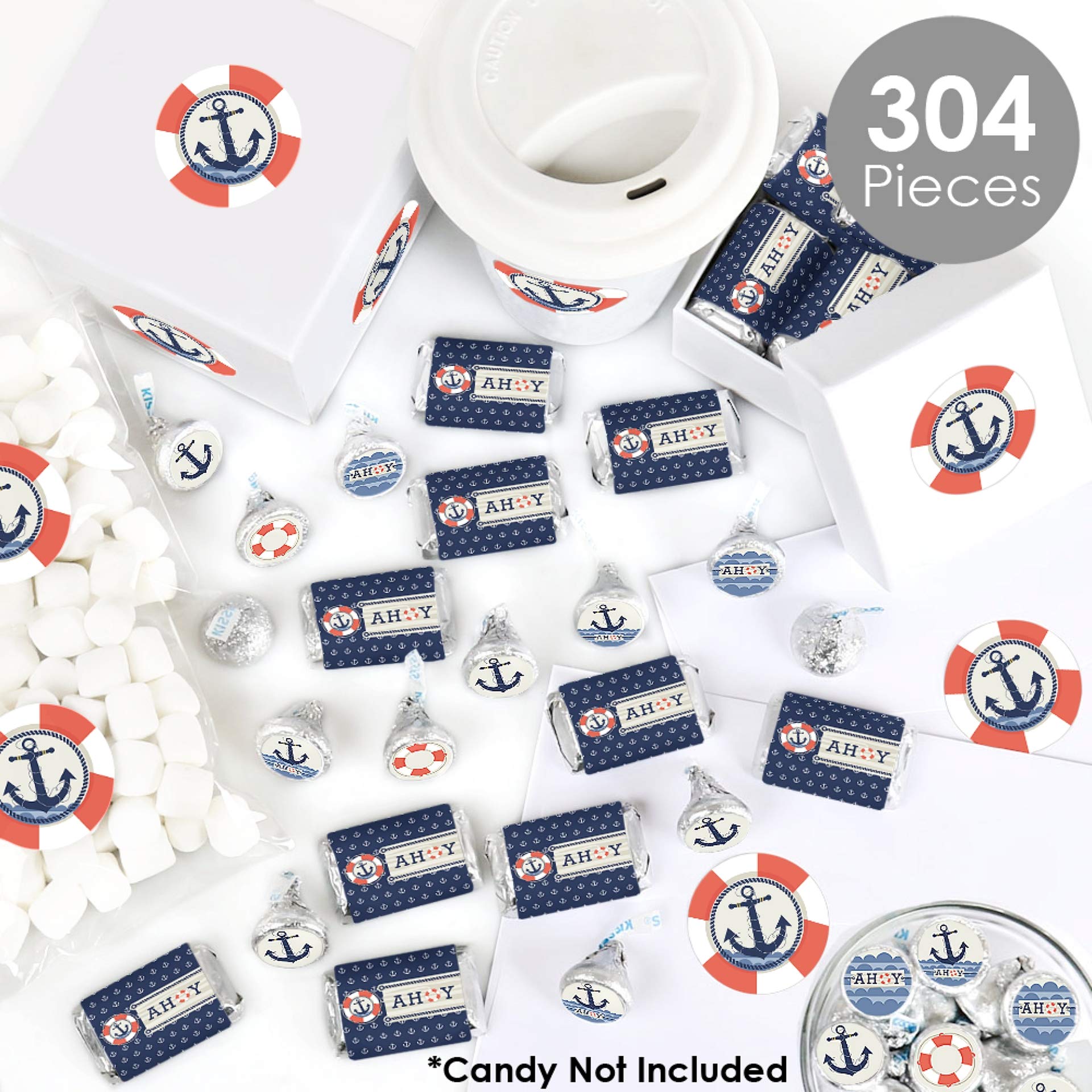 Ahoy Nautical Candy Bar Wrappers & Stickers Kit - 304pcs Baby Shower & Birthday Party Favors - Perfect for Ocean Theme Celebrations & DIY Party Decorations