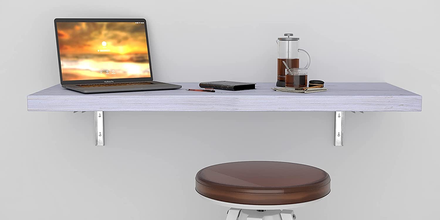 Wall Mounted Floating Desk - Foldable Space Saving Table for Small Spaces, Kitchen Counter, Laundry Shelf & Home Office - Rustic White (49