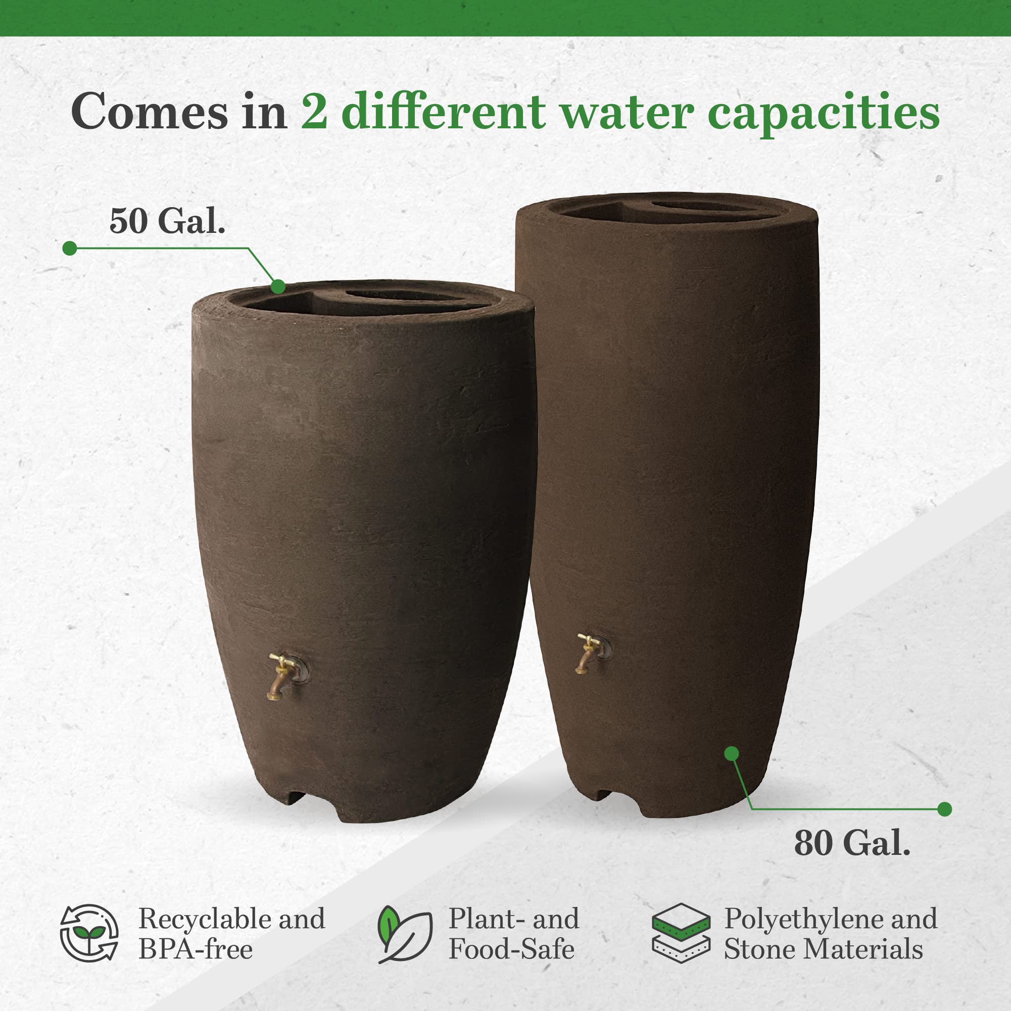 Algreen Athena 80 Gallon Plastic Outdoor Rain Barrel with Brass Spigot & Screen Guard - Eco-Friendly Water Collection System for Garden Irrigation & Sustainable Living (Brownstone, 2 Pack) - Perfect for Backyard, Greenhouse & Off-Grid Water Conservation
