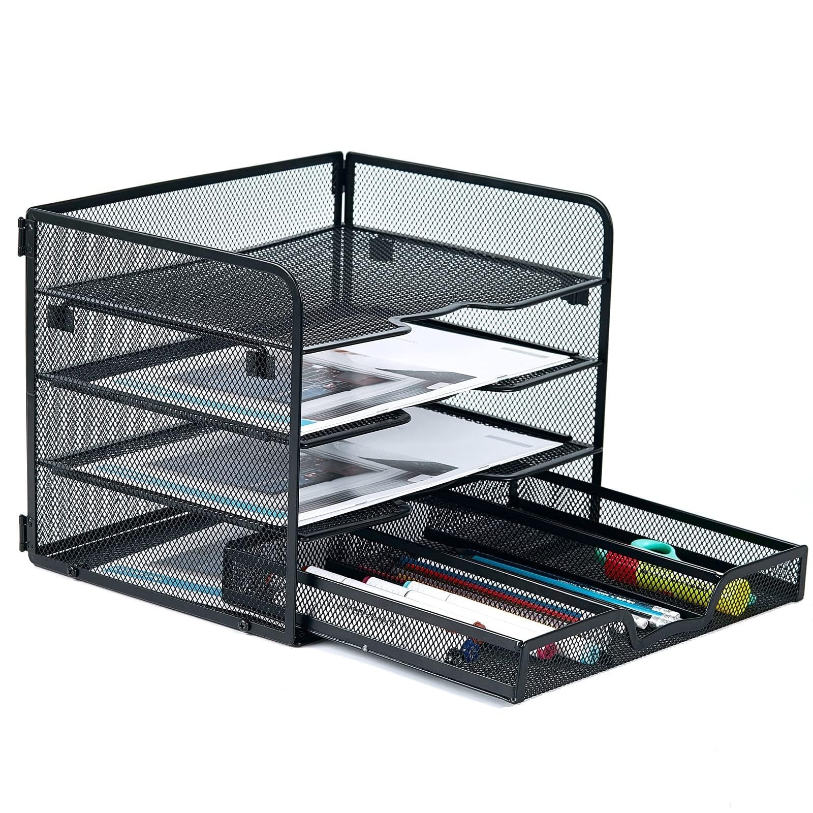 4 Tier Mesh Paper Letter Tray with Sliding Drawer - Black Office File Organizer for Desk, Home & Workplace - Perfect for Mail Sorting, Document Storage & Office Organization
