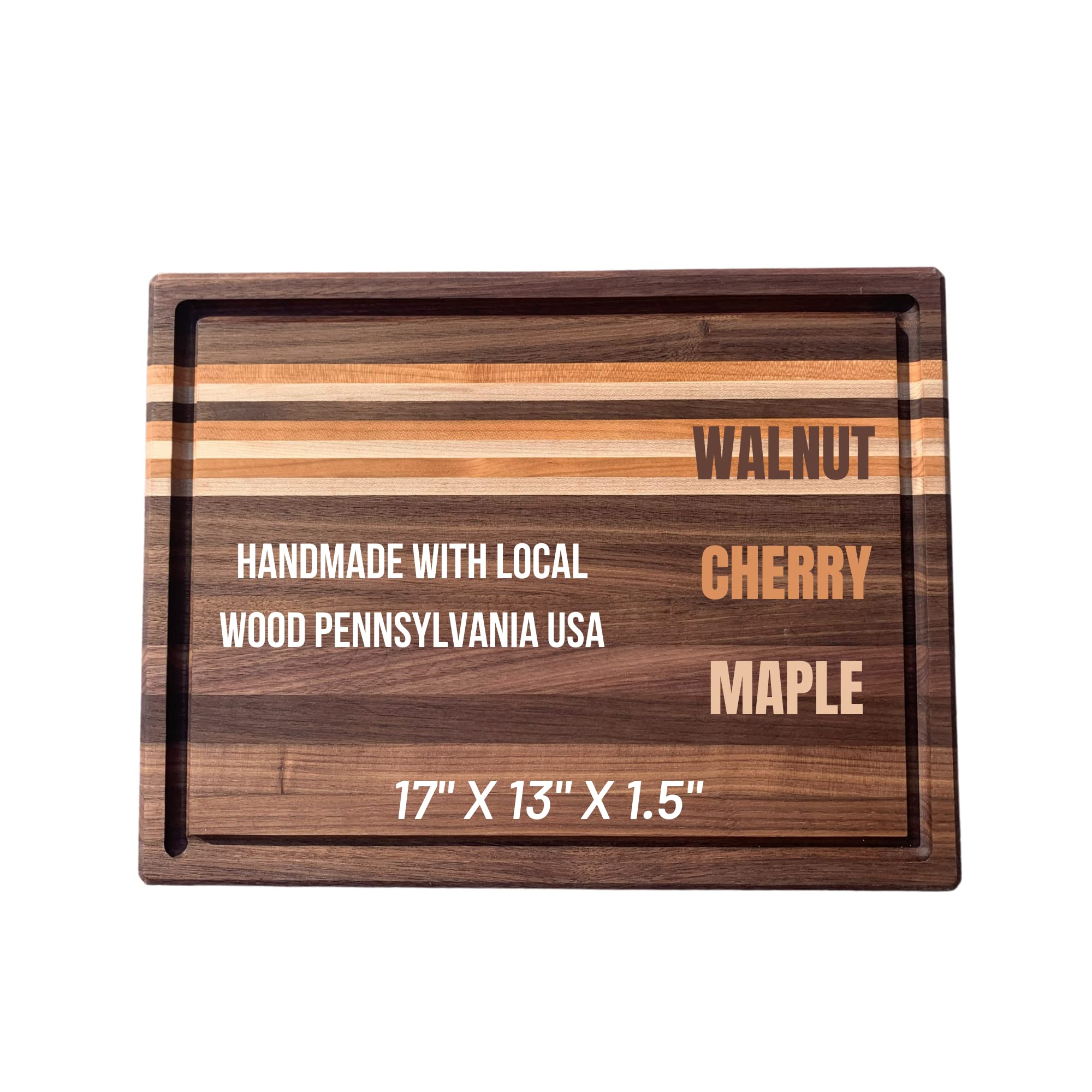 Premium Handcrafted Wooden Cutting Board with Juice Groove - 2-in-1 Reversible Serving Tray - Made in USA from Walnut, Cherry & Maple Wood (17”x13”x1.5”) - Perfect for Charcuterie, Cheese Platters & Kitchen Prep