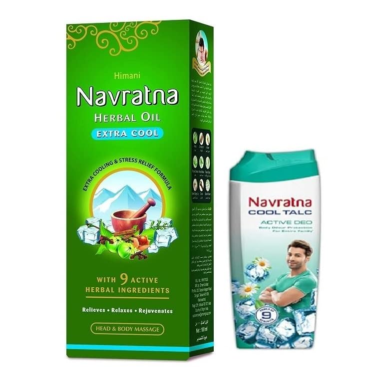 Navratna Ayurvedic Oil Extra Thanda 200ml with 50g Cooling Talc - Herbal Headache Relief & Stress Relief Oil for Massage, Yoga & Meditation | Cooling Ayurvedic Remedy for Summer Heat