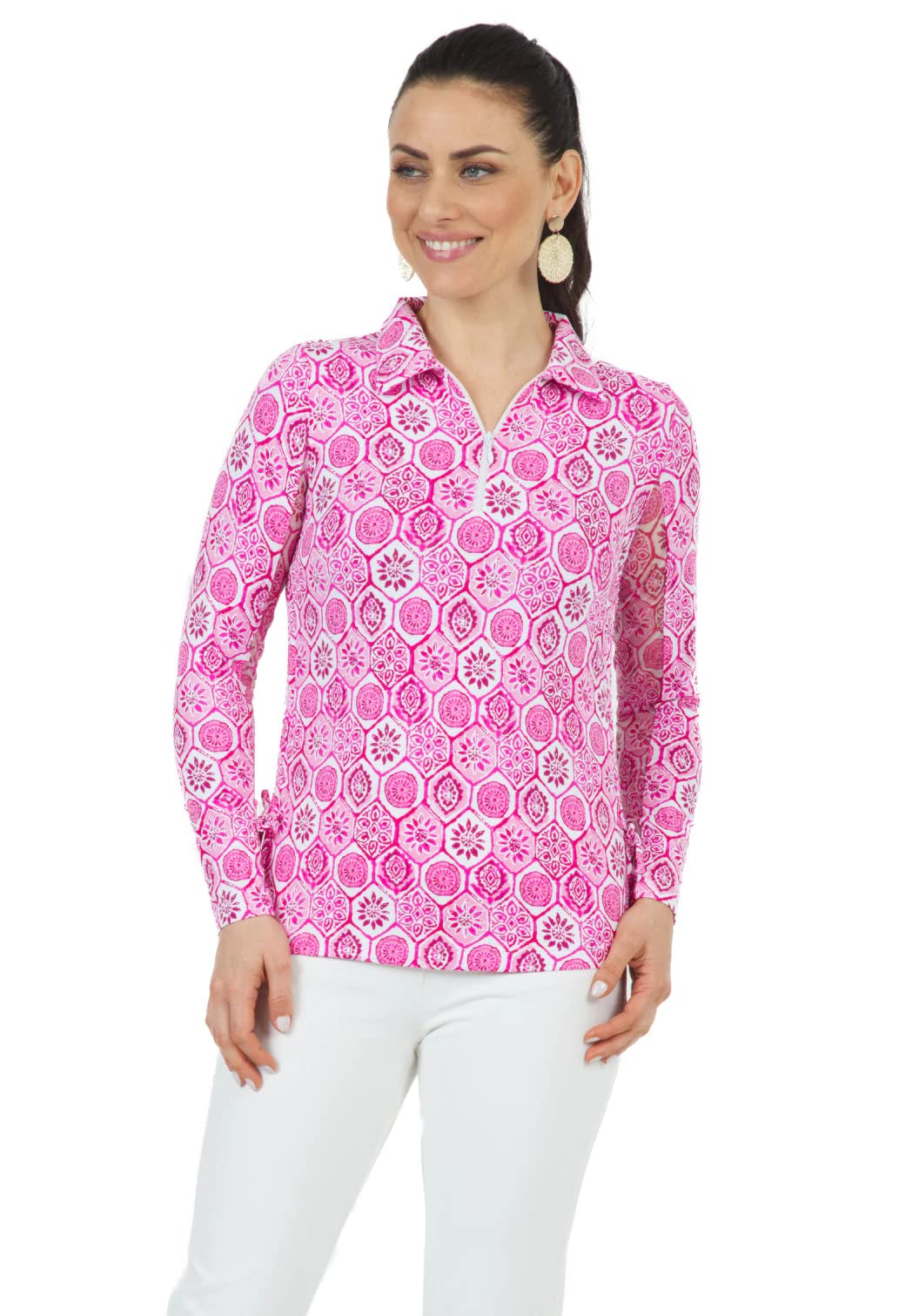 IBKUL UPF 50+ Sun Protective Cooling Zip Polo Shirt - Athleisure Wear with Icefil Technology & Adjustable Terra Print Long Sleeves | Perfect for Golf, Hiking & Outdoor Activities