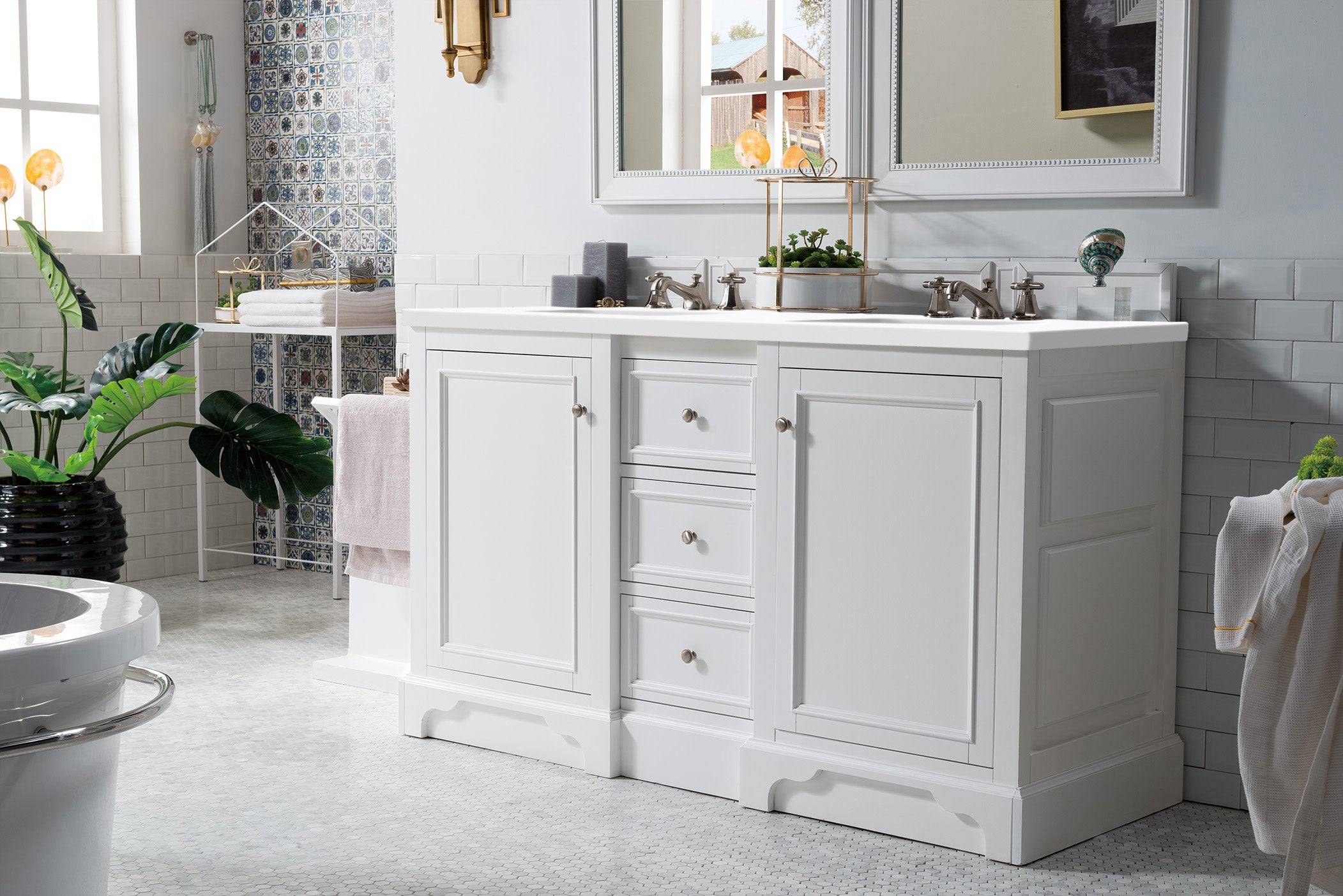 De Soto 60 Inch Double Vanity with 3CM Classic White Quartz Top - Bright White Bathroom Vanity for Modern & Traditional Homes, Perfect for Master Bathrooms & Guest Suites