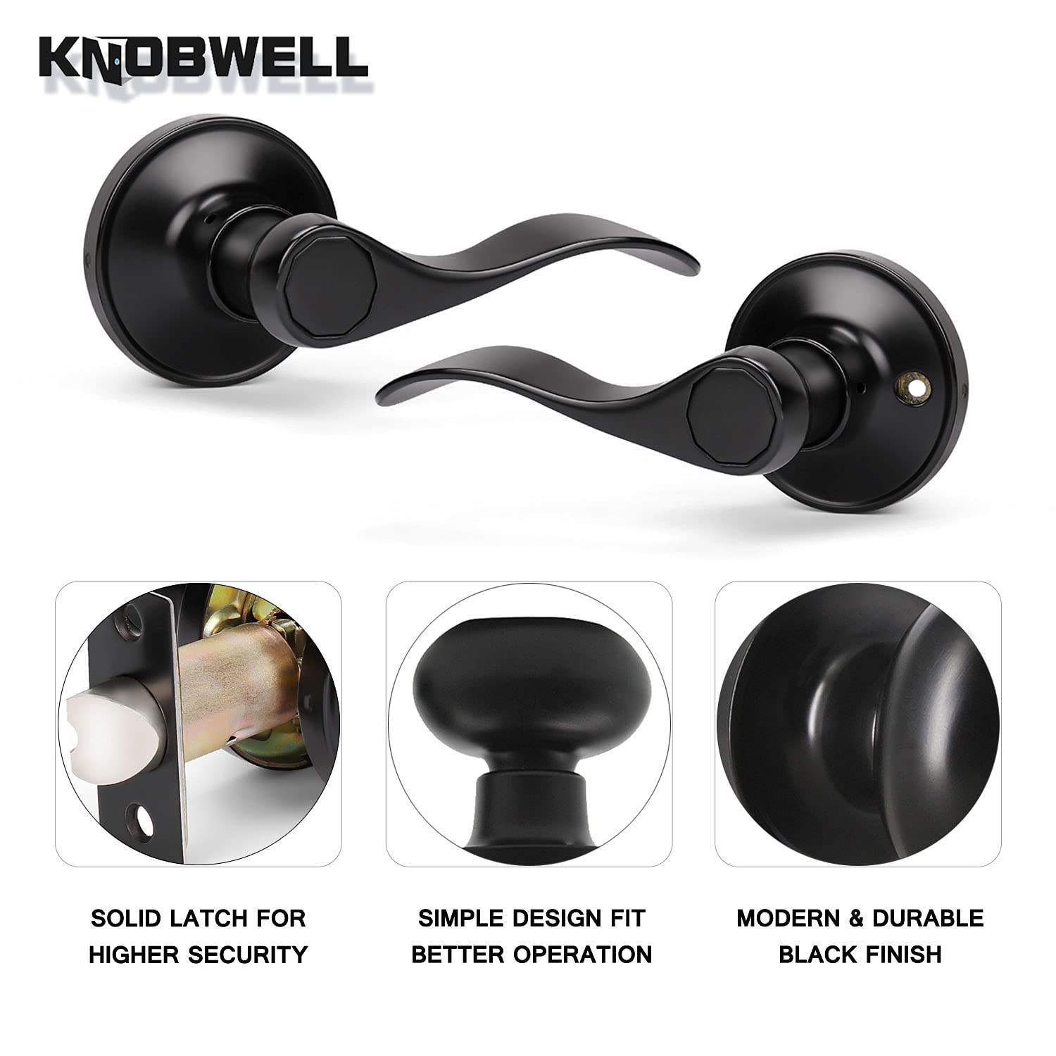 KNOBWELL 4-Pack Matte Black Door Lever Set - Reversible for Hall/Closet Doors