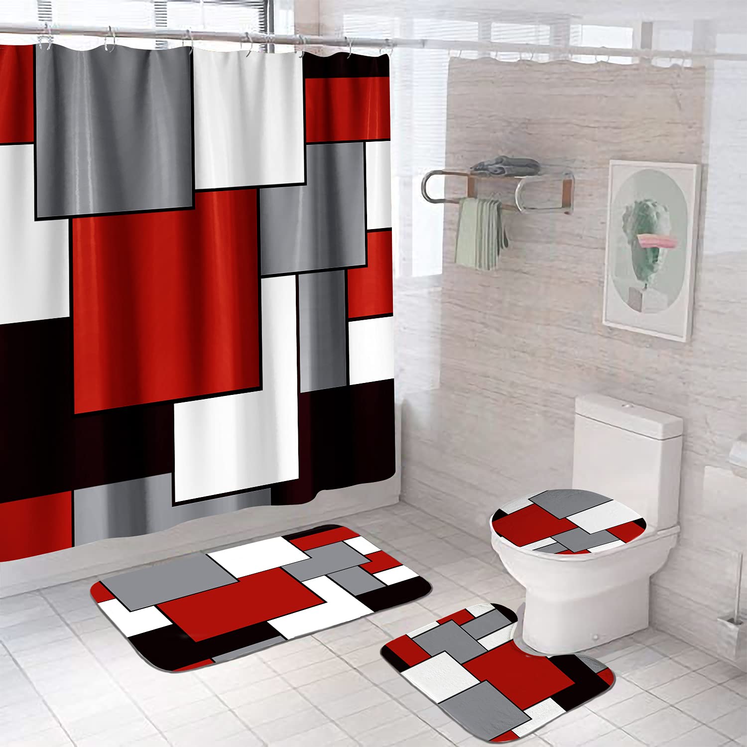 4pcs Modern Geometric Red Black Shower Curtain Set with 12 Hooks - Waterproof Bathroom Decor Includes Rugs & Accessories - Perfect for Contemporary Bathroom Design & Home Spa Experience