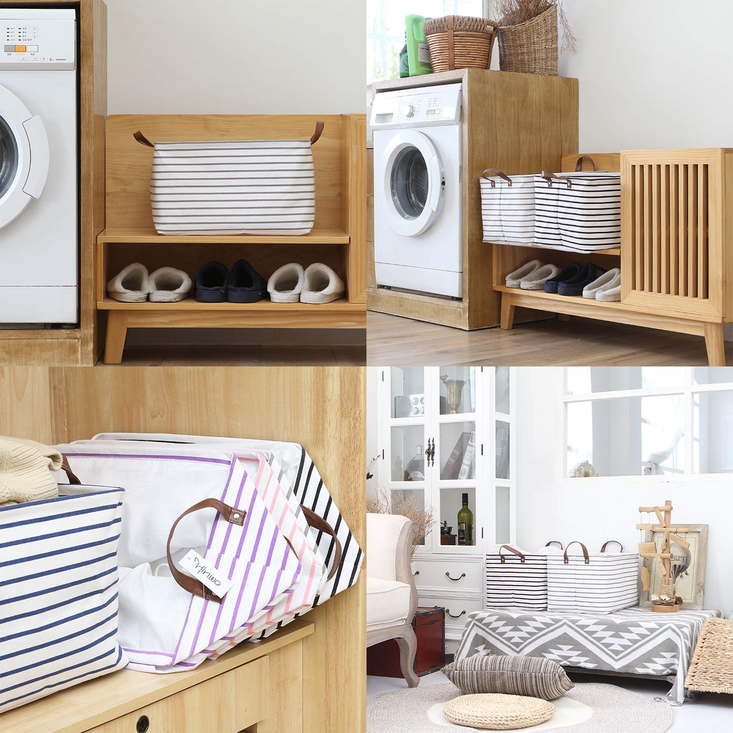 Hinwo 31L Foldable Storage Bins with Handles - Organize Clothes, Blankets & Toys (Gray Stripe) - Perfect for Closet & Home Organization