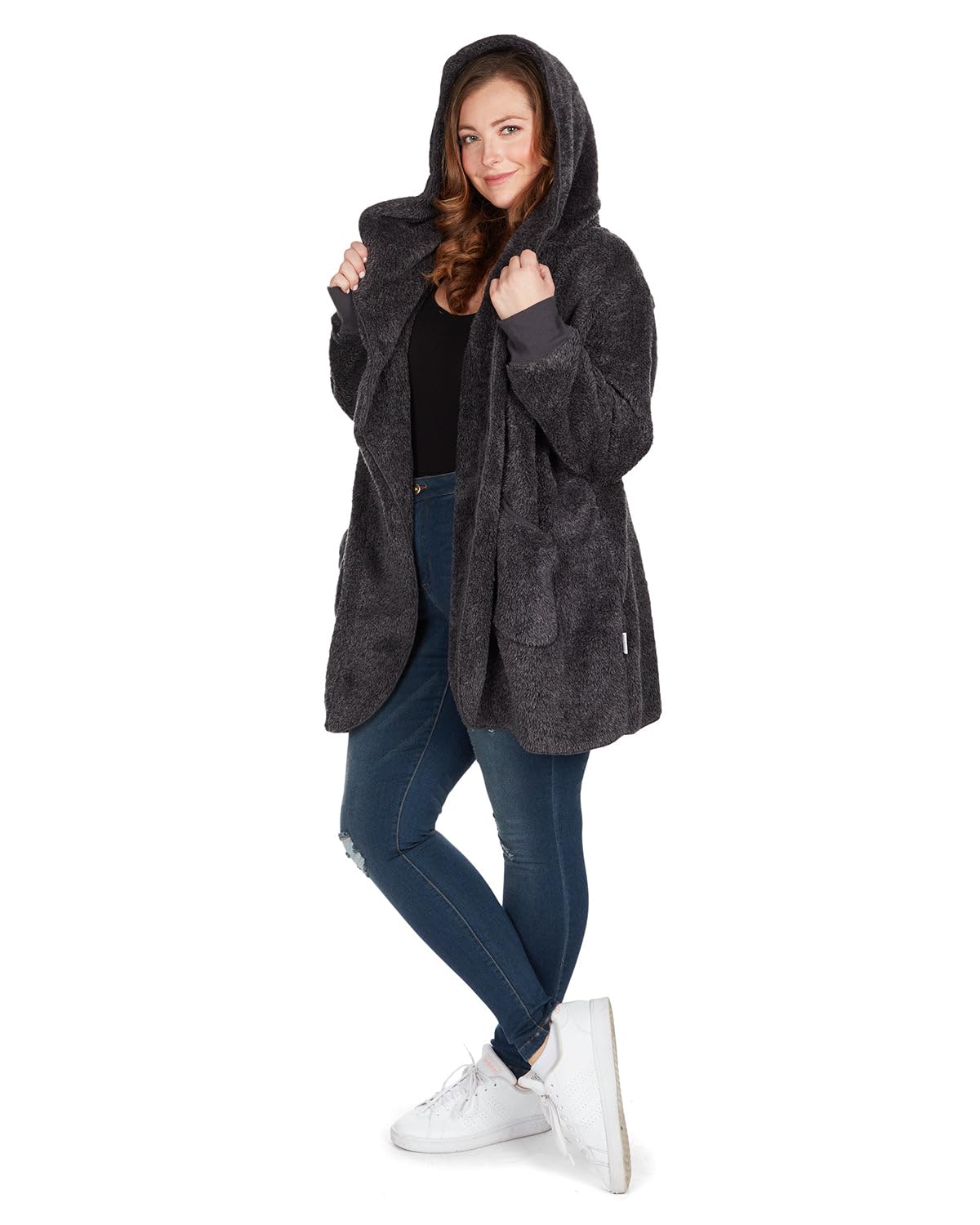 MeMoi Women's Cozy Marled Plush Hooded Sweater with Shawl Collar - Soft Lounge Pullover for Relaxing at Home - Charcoal Grey Small/Medium - Perfect for Casual Wear & Winter Comfort