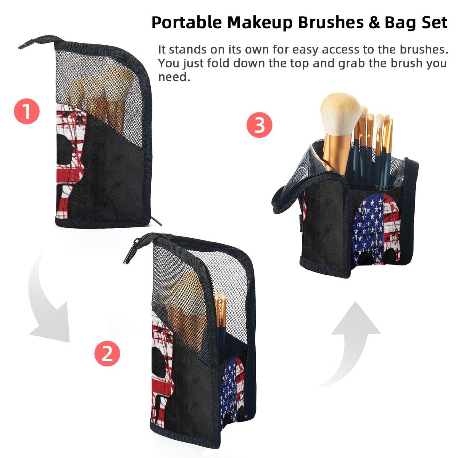 12-Piece Makeup Brush Organizer Bag with USA Flag Sugar Skull Design - Portable Makeup Brush Holder Case for Travel & Professional Makeup Artists