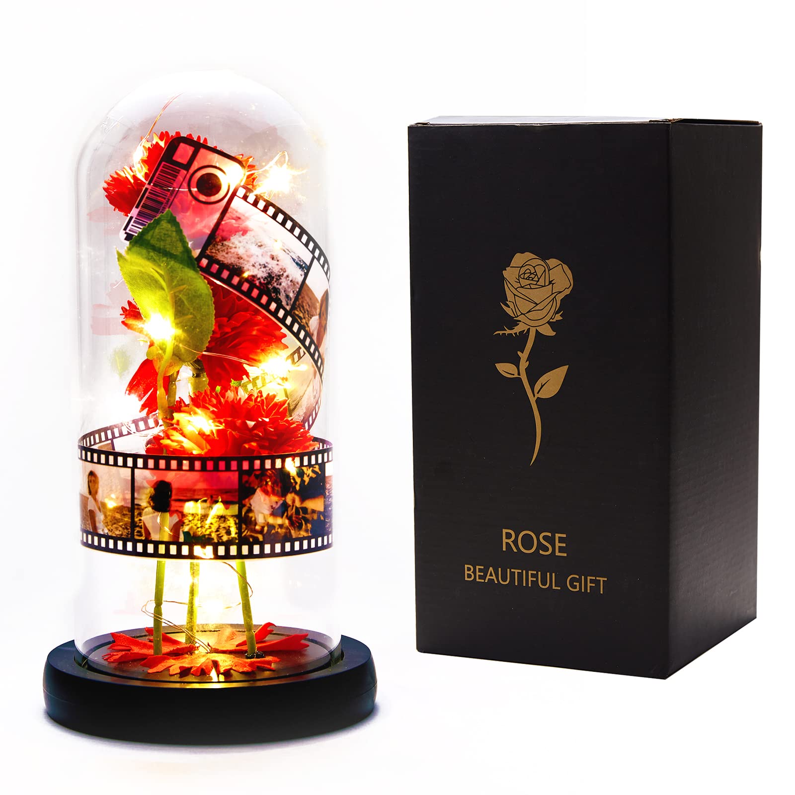 SOUFEEL Custom Glass Dome with Eternal LED Flowers & Film Roll Photo Album - Unique Birthday, Wedding, Valentine's Day Gift for Mom, Wife, Grandma | Home Decor, Anniversary Present, Romantic Surprise Gift Idea