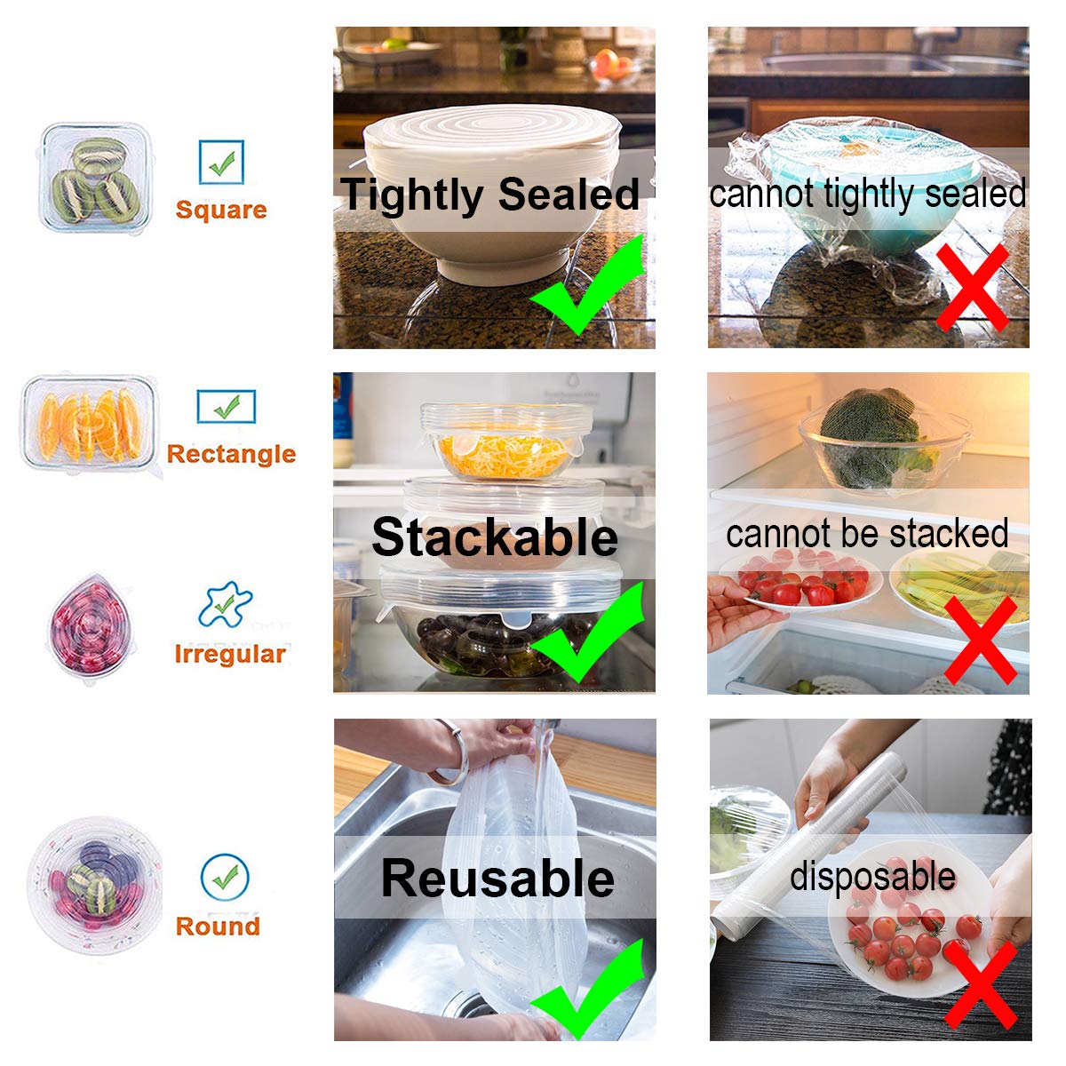 Adpartner 6-Piece Reusable BPA-Free Silicone Stretch Lids Set - Food Storage Covers for Square & Rectangle Containers (Microwave, Freezer & Dishwasher Safe) - Perfect for Meal Prep, Leftovers & Refrigerator Organization