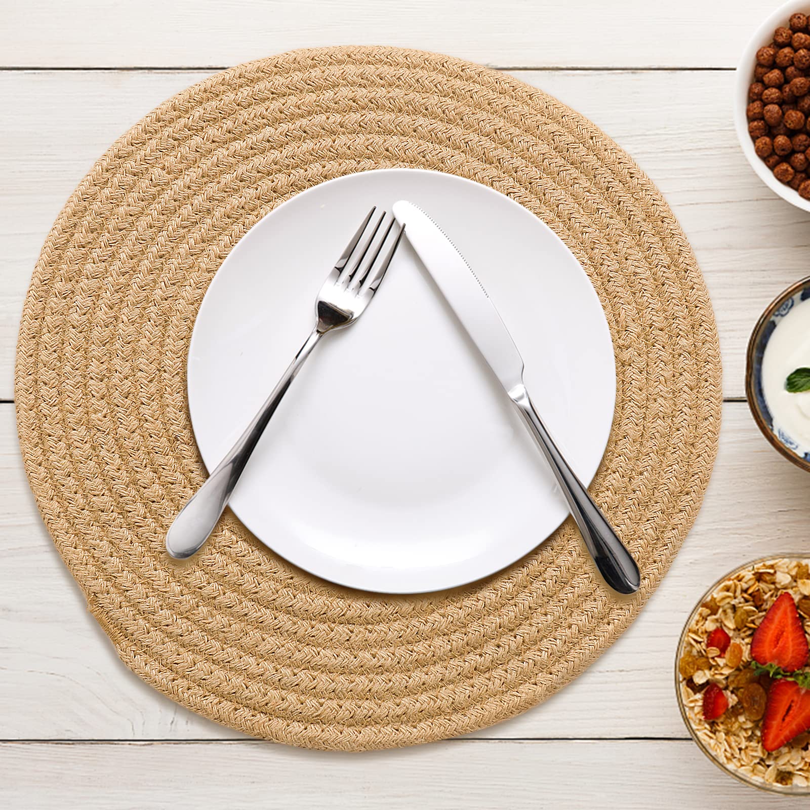 Round Cotton Placemats Set of 4 - 12 Inch Woven Washable Table Mats for Round Dining Table | Natural Jute Decor | Perfect for Farmhouse, Rustic, and Boho Style Dining Rooms