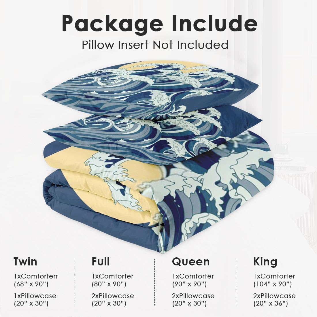 Japanese Ocean Themed King Size Comforter Set - Soft Asian Bedding for Kids & Adults with 2 Pillowcases | Moon & Sun Blue Bedroom Decor for Cozy Sleep & Stylish Home