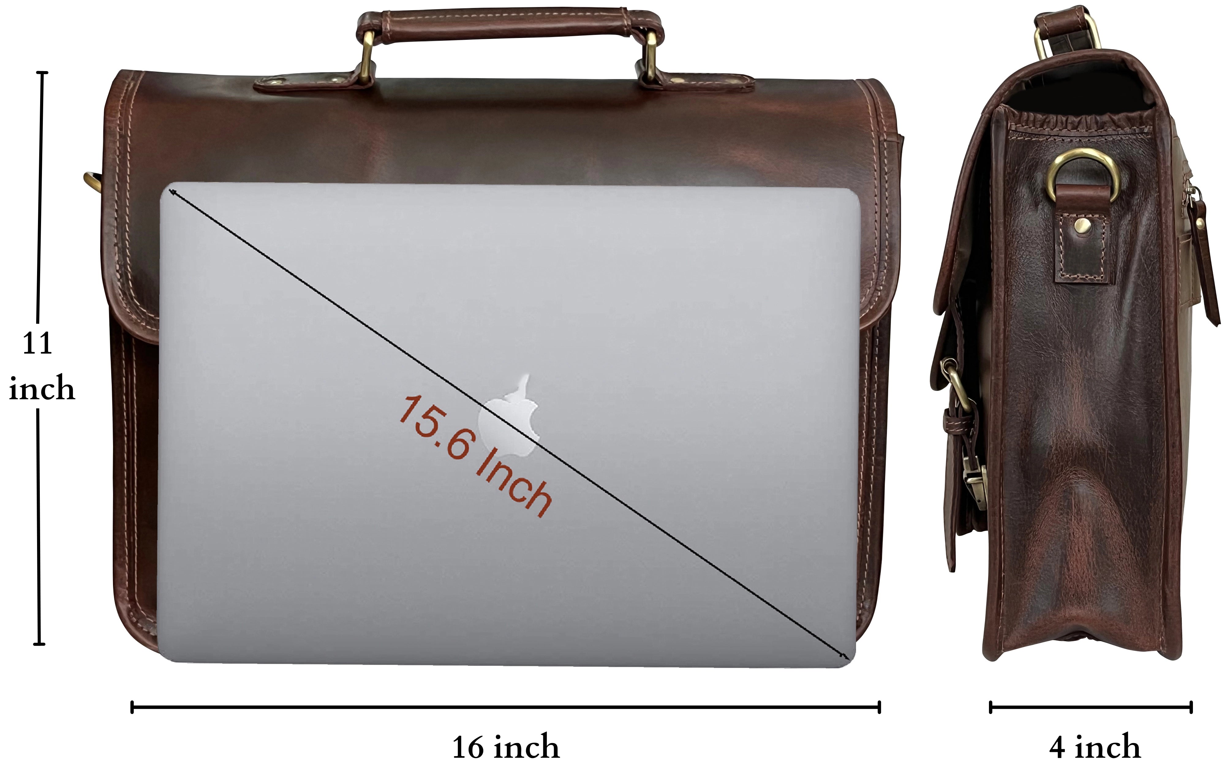 Hunter Buffalo 16 Classic Leather Satchel Briefcase Bag for Men & Women - Genuine Walnut Brown Business Bag - Perfect for Office, Work, Travel & Daily Commute