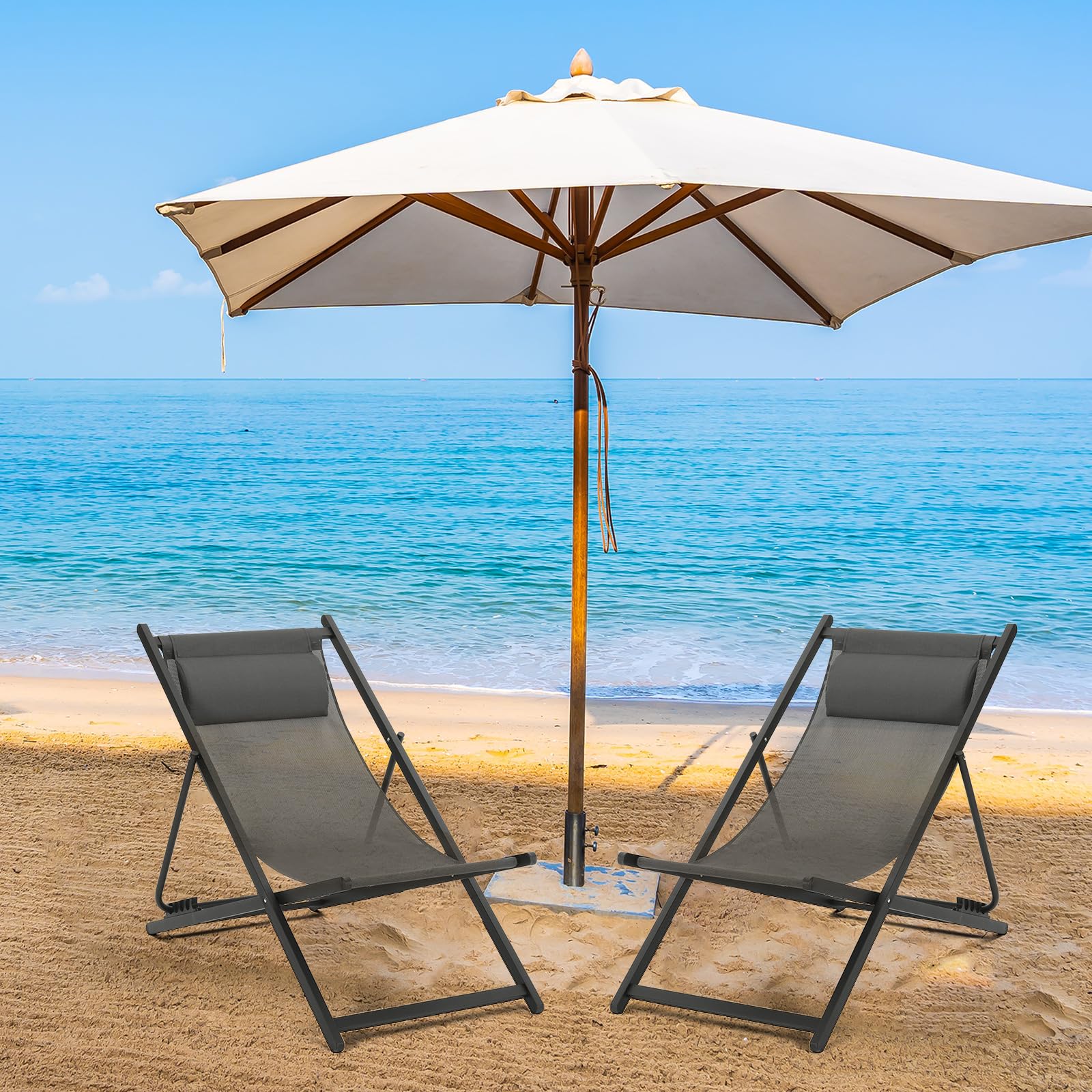 2 Pack Foldable Outdoor Lounge Chairs with Headrest - Adjustable 5-Level Height Aluminum Reclining Sling Chairs for Patio, Beach, Pool, Camping, Garden & Yard - Portable & Lightweight (Black) | Perfect for Relaxing, Sunbathing & Outdoor Lounging