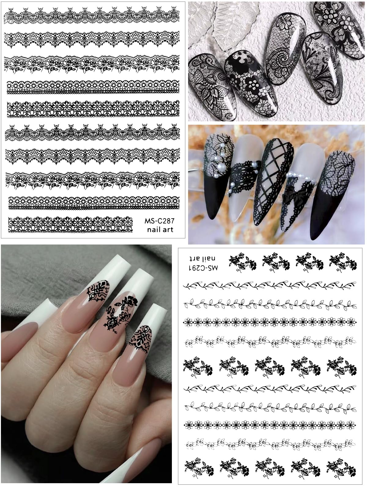 EBANKU 9 Sheets Black Lace Flower 3D Nail Art Stickers - Self-Adhesive Nail Decals for Women & Girls DIY Manicure - Perfect for Parties, Weddings, and Special Occasions