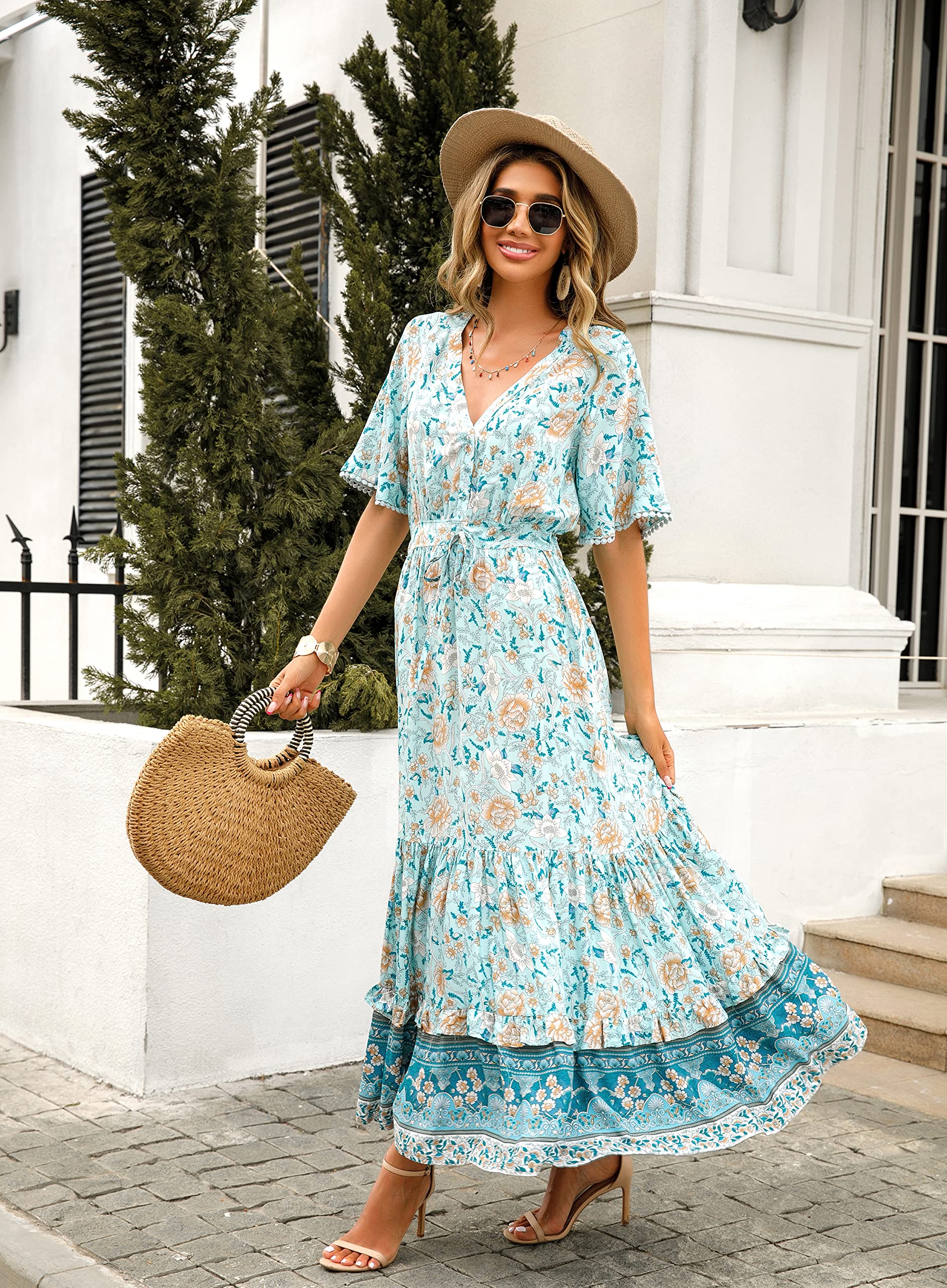 R.Vivimos Women's Summer Boho V-Neck Button Up Short Sleeve Floral Print Ruffle Hem Maxi Dress - Beach Vacation, Music Festival & Date Night Outfit