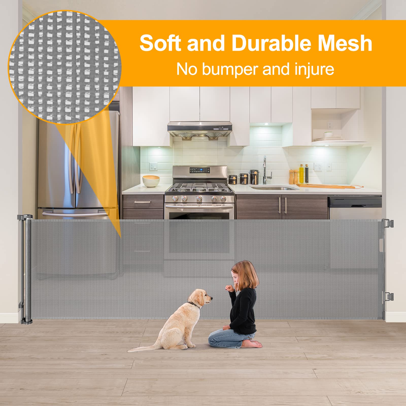 WOMHOM 140 Inch Extra Wide Retractable Baby Gate - Large Opening Safety Gate for Doorways, Indoor/Outdoor Use - Extra Long Pet Gate for Dogs & Babies - Durable Mesh Design (Grey) - Perfect for Stairs, Hallways & Wide Entryways