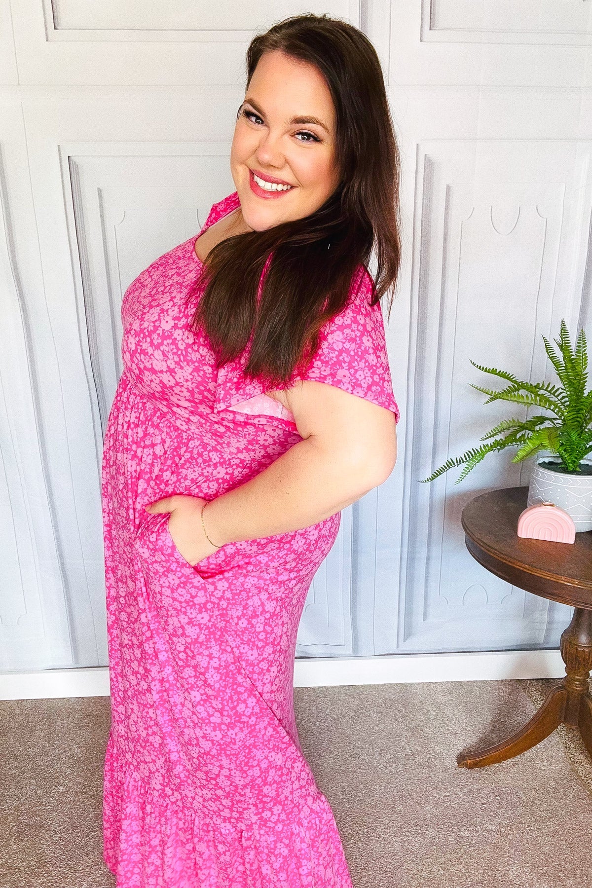 Perfectly You Fuchsia Ditzy Floral Fit & Flare Maxi Dress - Women's Summer Boho Beach Dress for Vacation, Wedding Guest & Outdoor Parties
