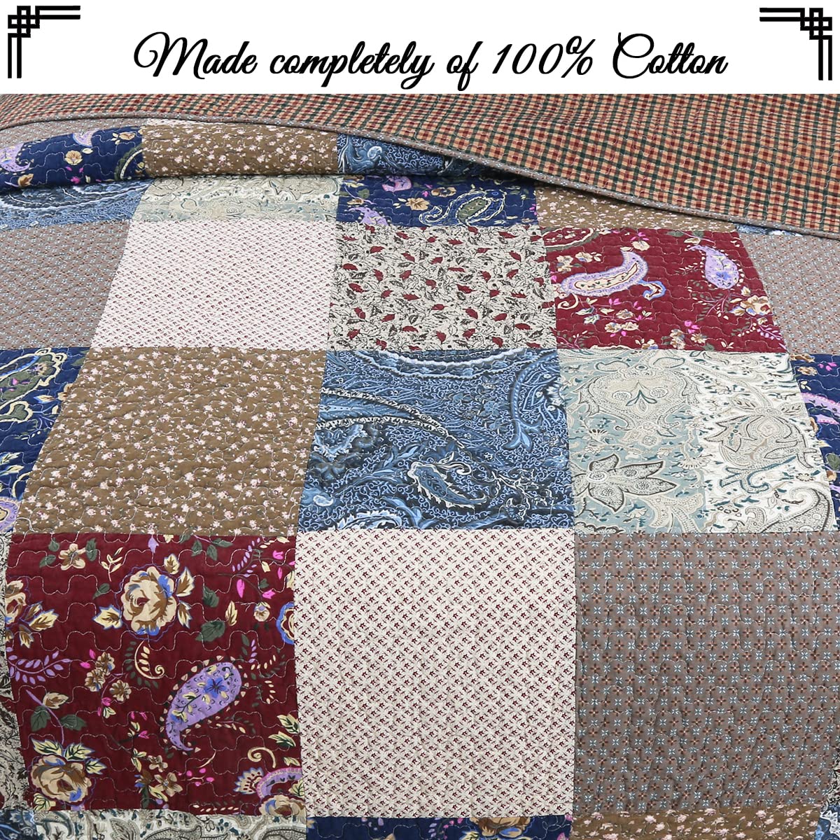 100% Cotton Reversible Quilt Bedding Set - Cozy Line Home Fashions Sanders Brown Floral Patchwork Coverlet & Bedspread (Red Navy, King Size 3-Piece) for Master Bedroom, Guest Room & Cozy Farmhouse Decor