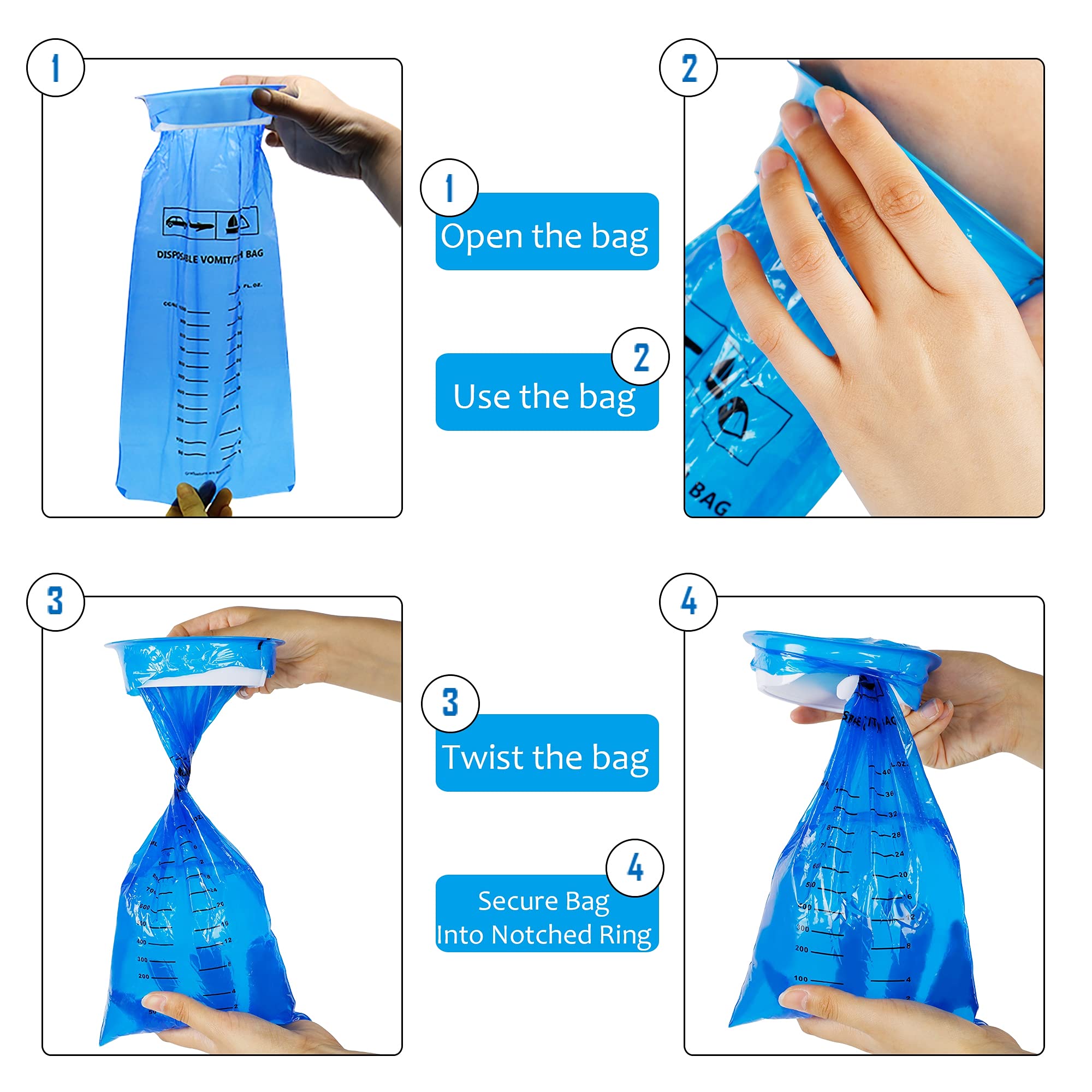 50 Pack Disposable Vomit Bags for Motion Sickness - Blue Emesis Bags for Travel, Airplane, Car & Boat - Nausea Relief for Kids & Adults - Perfect for Road Trips, Cruises & Flights